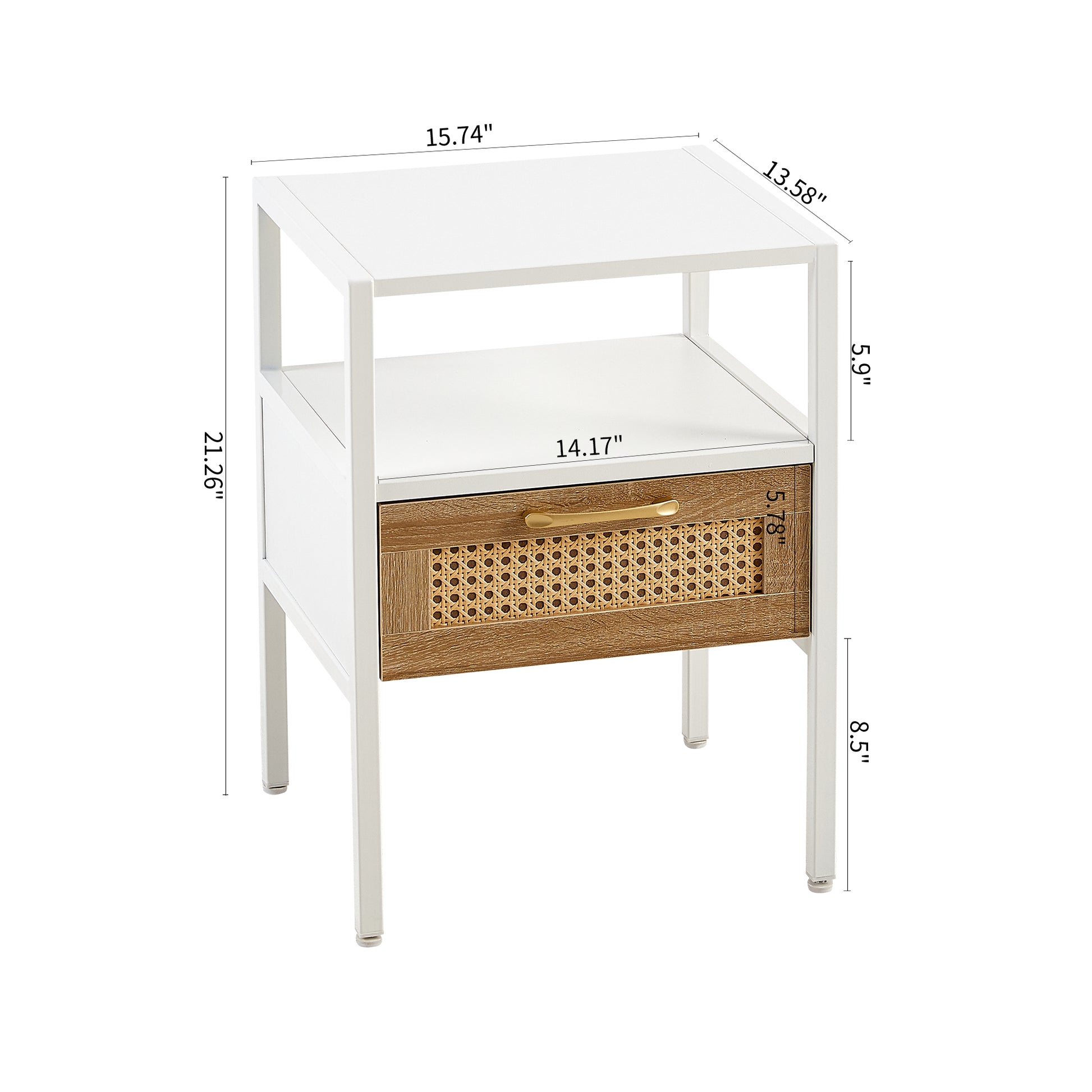 15.75" Rattan End Table With Drawer, Modern Nightstand, Metal Legs,Side Table For Living Room, Bedroom,White 1 Pc White Mdf Metal