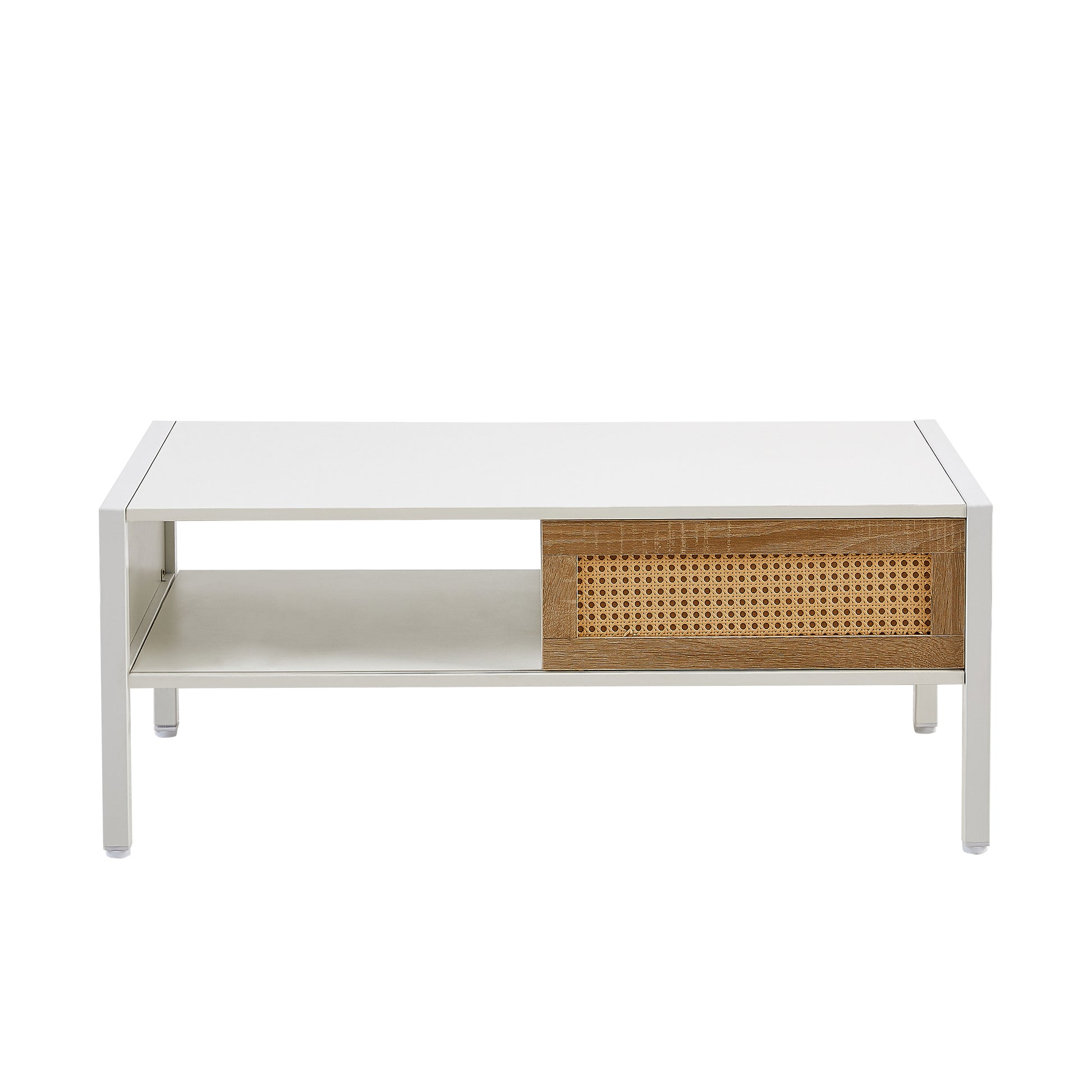 40.16" Rattan Coffee Table, Sliding Door For Storage, Metal Legs, Modern Table For Living Roomwhite White Mdf Metal