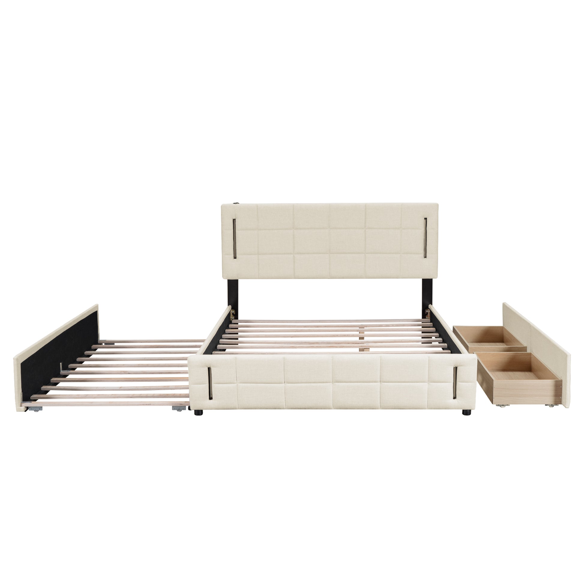 Queen Size Upholstered Platform Bed With Trundle And Drawers, Beige Queen Beige Upholstered