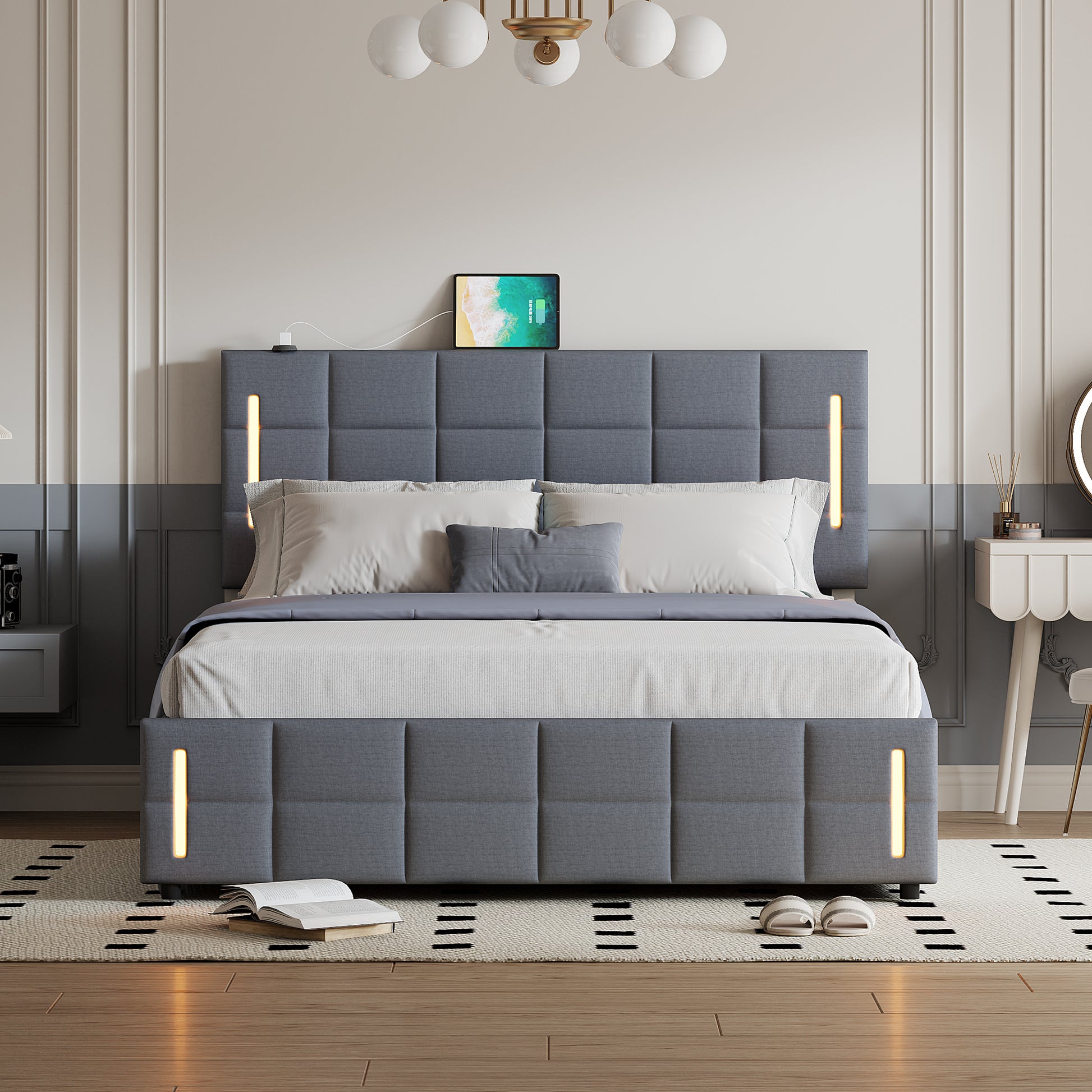 Queen Size Upholstered Bed With Hydraulic Storage System And Led Light, Gray Queen Gray Linen