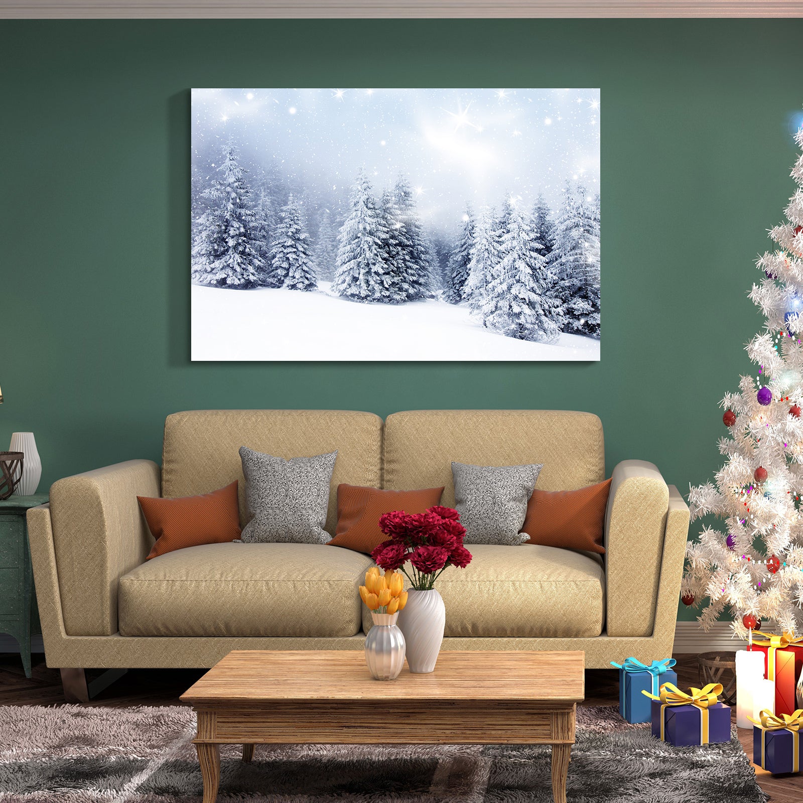 Framed Canvas Wall Art Decor Painting For Chrismas, Winter Pine Forest Chrismas Gift Painting For Chrismas Gift, Decoration For Chrismas Eve Living Room, Bedroom Decor 1812In Thickness 1.5Inch Rectangle Framed Multicolor Christmas Oversized 41In Canvas
