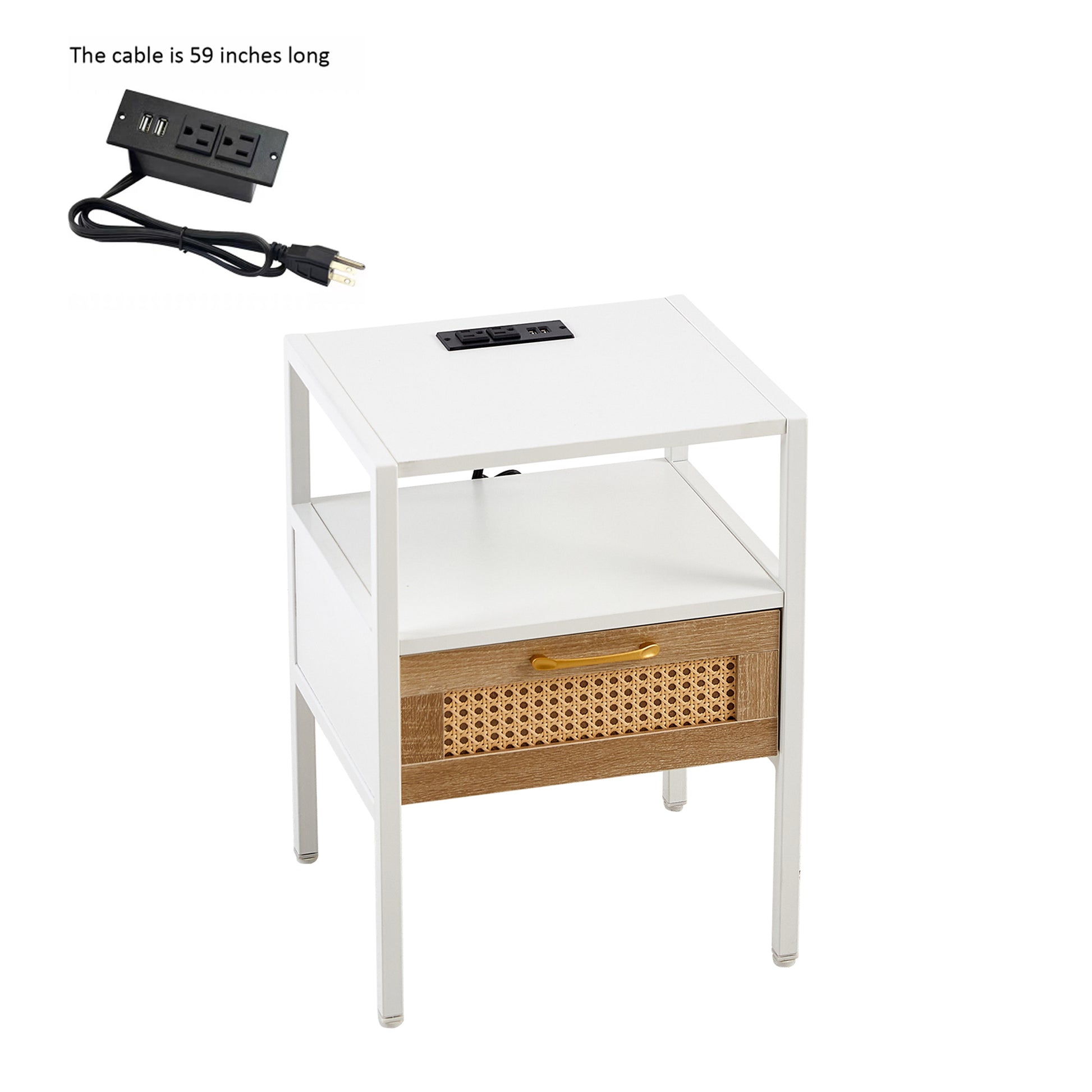 15.75" Rattan End Table With Power Outlet & Usb Portsmodern Nightstand With Drawer And Metal Legs, Side Table For Living Room, Bedroom,White 1 Pc White Mdf Metal