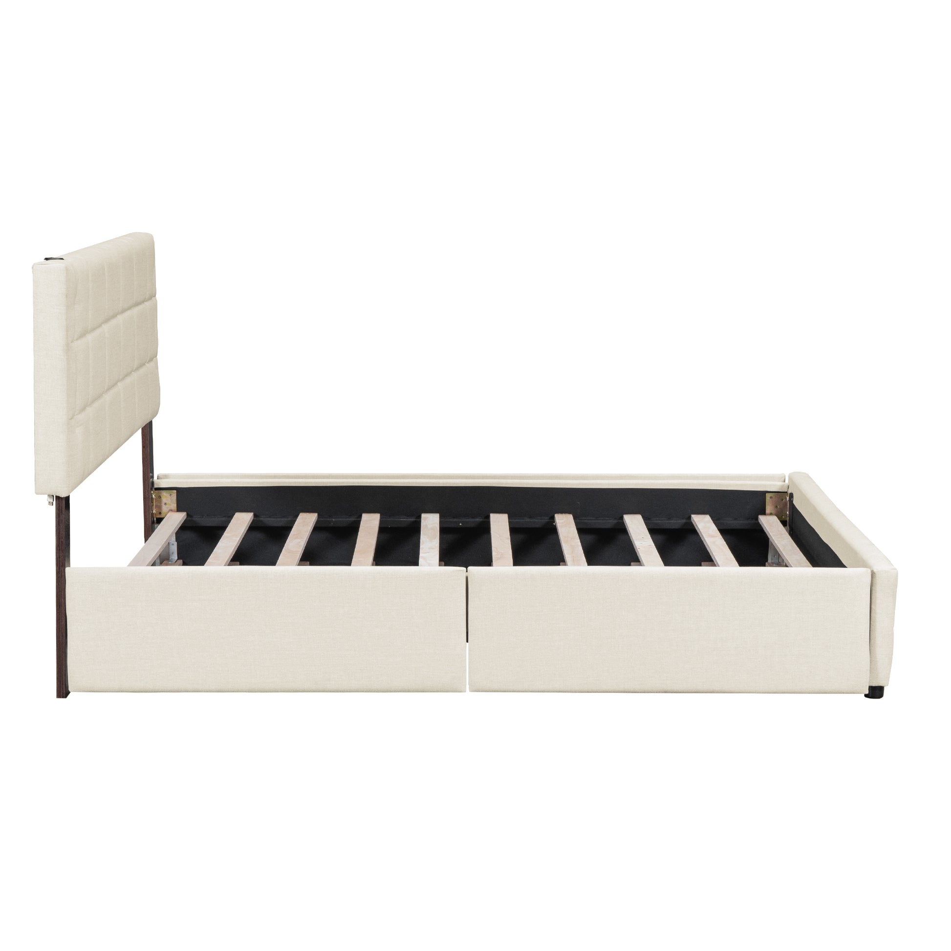 Queen Size Upholstered Platform Bed With Trundle And Drawers, Beige Queen Beige Upholstered
