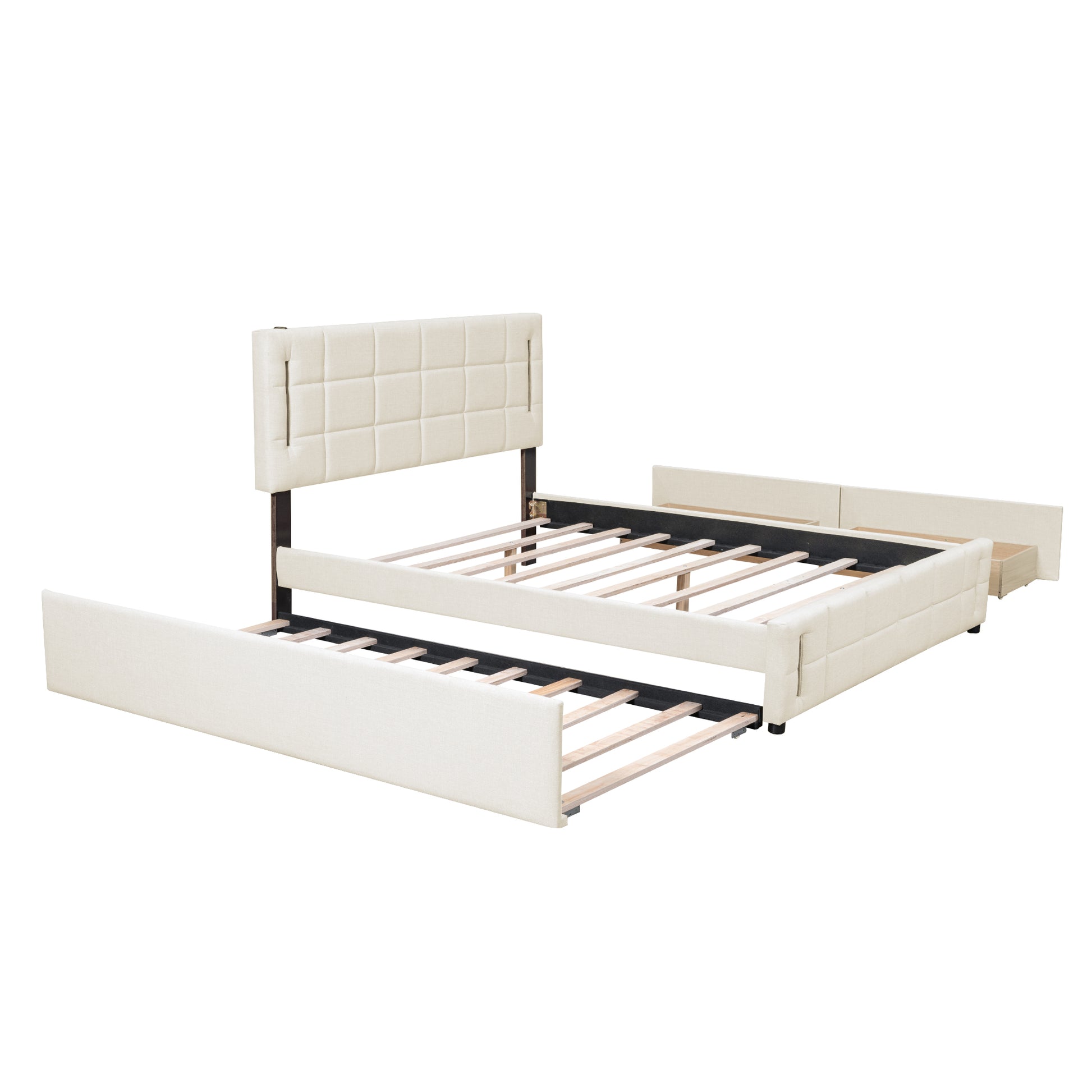 Queen Size Upholstered Platform Bed With Trundle And Drawers, Beige Queen Beige Upholstered