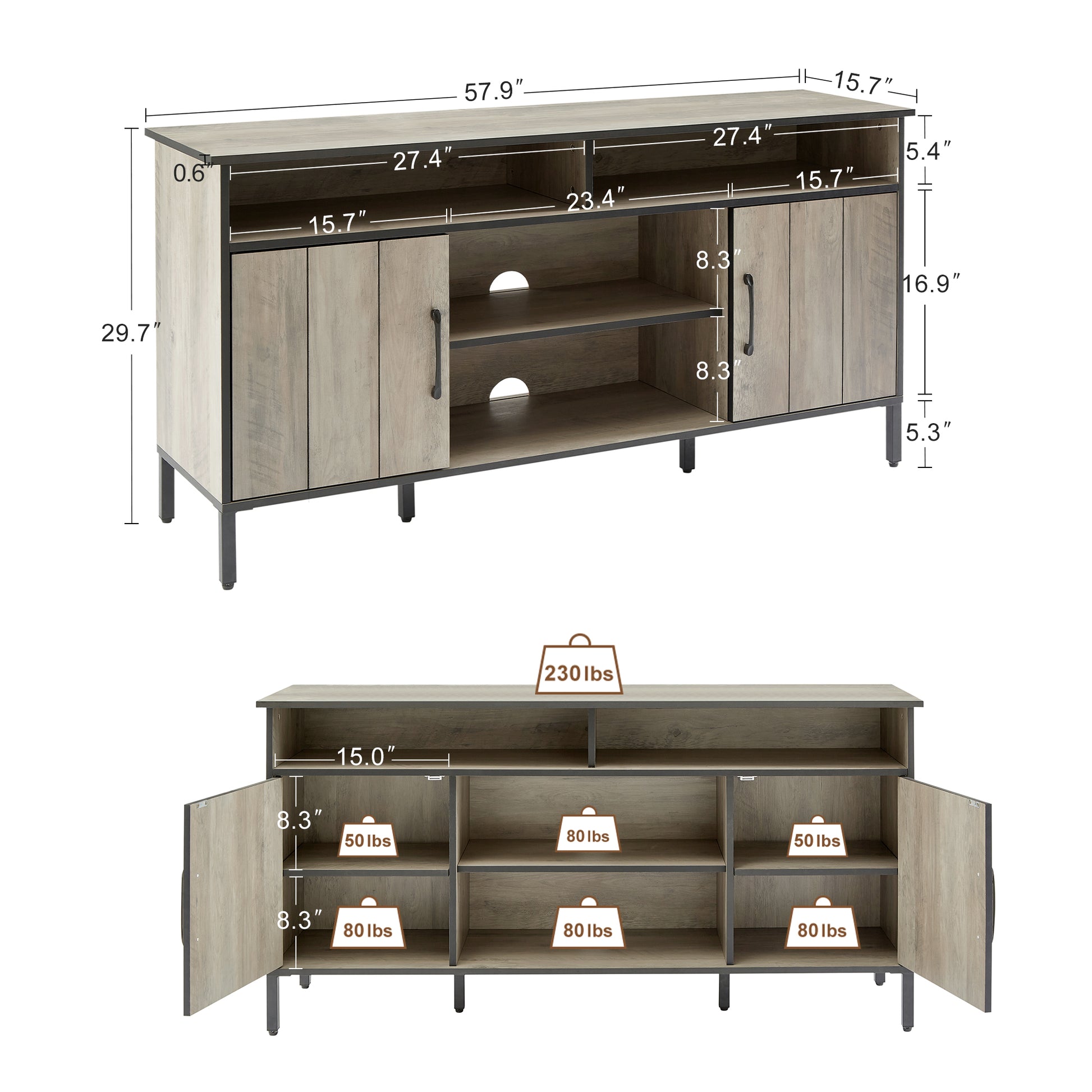 58 Inch Tv Stand And Media Entertainment Center Console With Up To 65 Inch Tv, Open Shelving And Two Storage Cabinets, Six Support Legs With Adjustable Feet,Rustic, Gray,58" X 15.7" X 29.7" Grey Particle Board