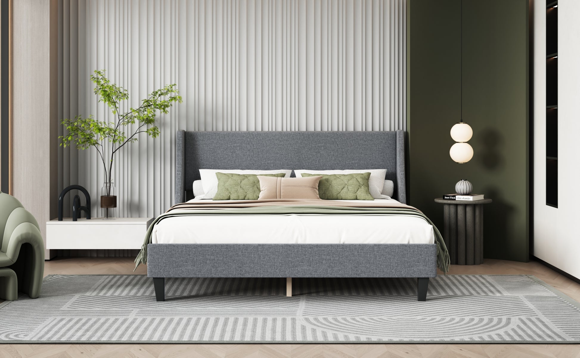 Queen Size Bed Frame Upholstered Bed Frame Platform,Non Adjustable Headboard Linen Fabric Headboard Wooden Slats Support No Box Spring Needed Easy Assembly Mattress Foundation, Light Gray Queen Light Gray Metal & Wood