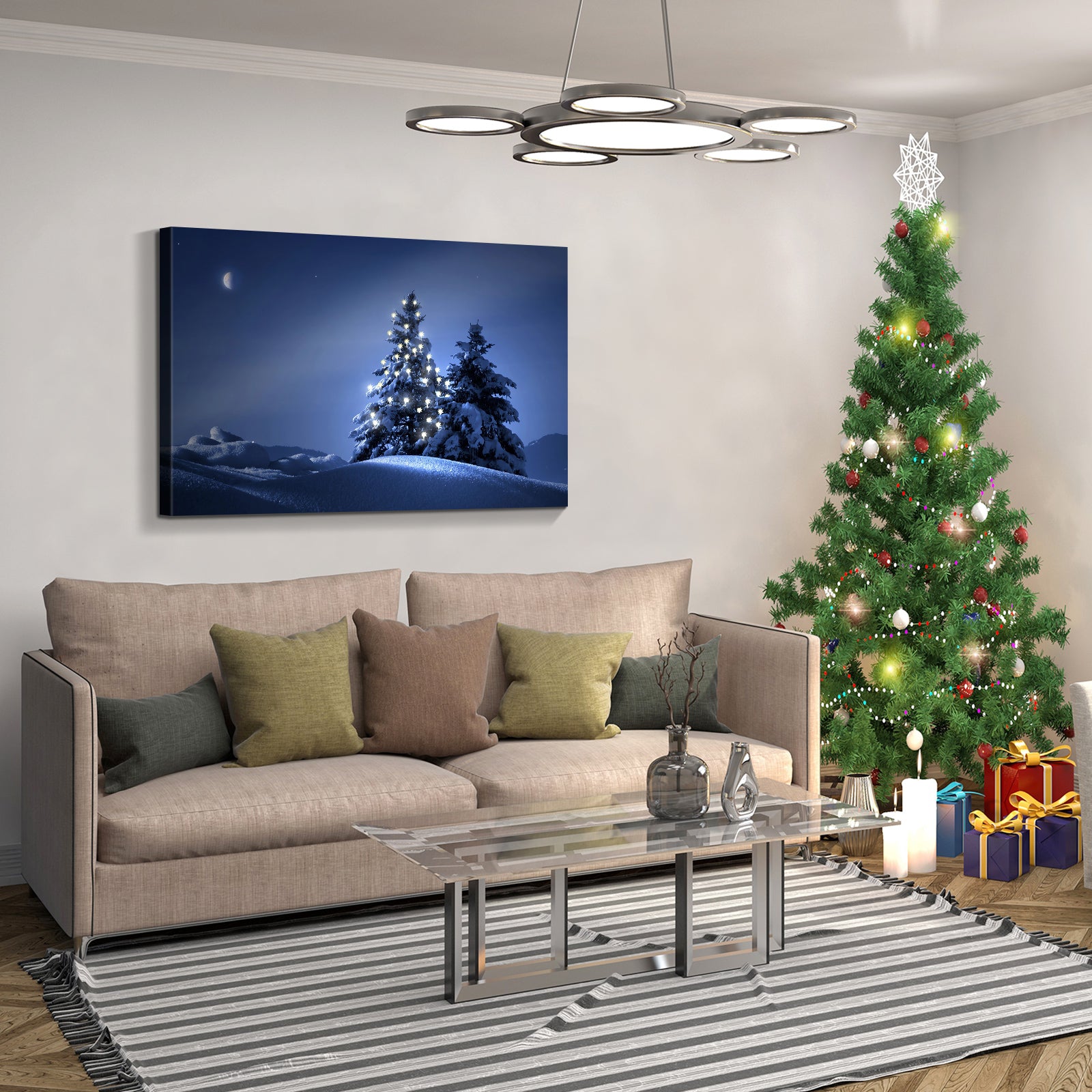 Framed Canvas Wall Art Decor Painting For Chrismas, Lighted Pine Tree At Night Chrismas Painting For Chrismas Gift, Decoration For Chrismas Eve Living Room, Bedroom Decor 3624In Thickness 1.5Inch Rectangle Framed Multicolor Christmas Oversized 41In