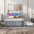 Queen Size Wood Storage Platform Bed With Led, 2 Drawers And 1 Twin Size Trundle, Gray Box Spring Not Required Queen Gray Wood Bedroom Bed Frame Solid Wood Mdf