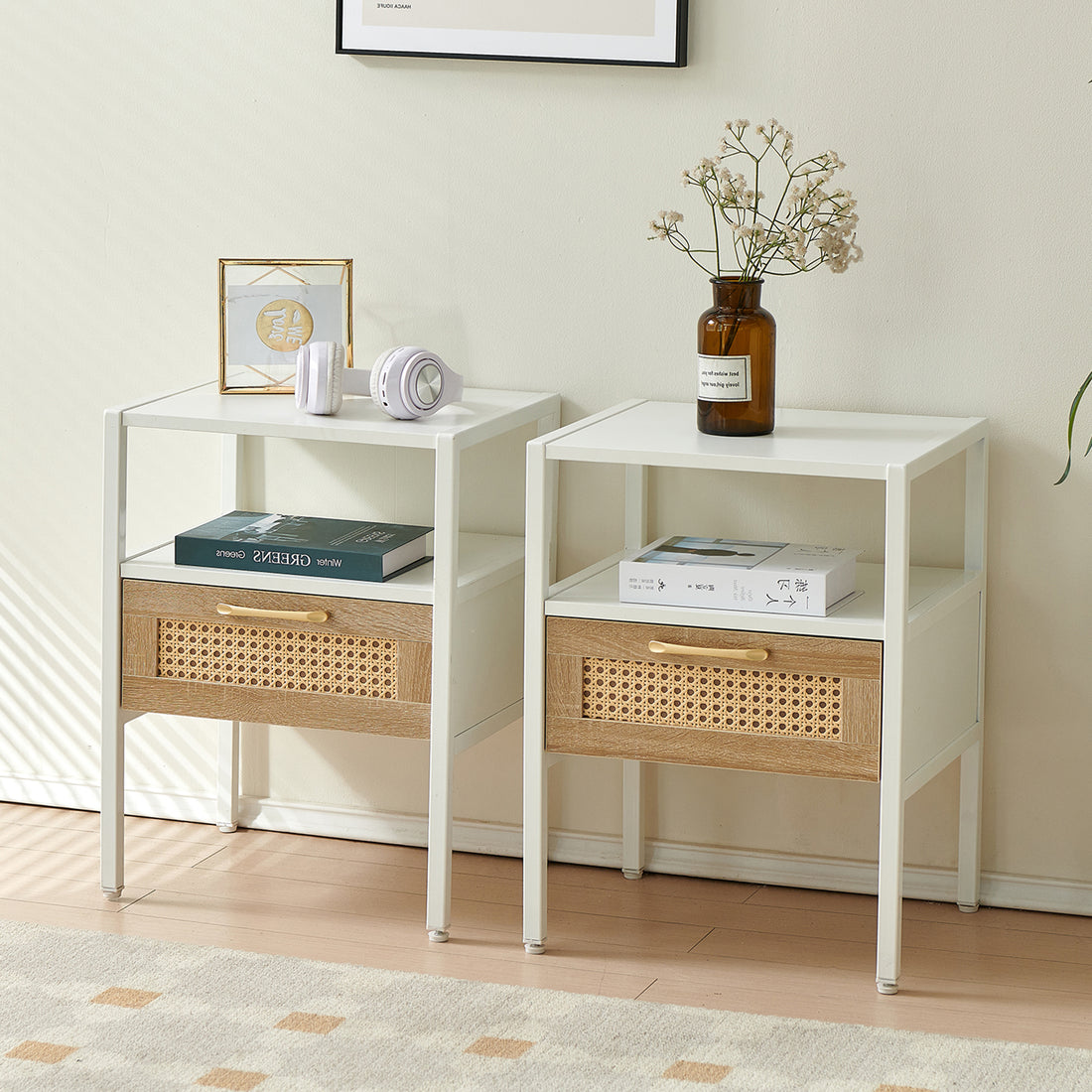 Set Of 2, 15.75" Rattan End Table With Drawer, Modern Nightstand, Metal Legs,Side Table For Living Room, Bedroom,White White Mdf Metal