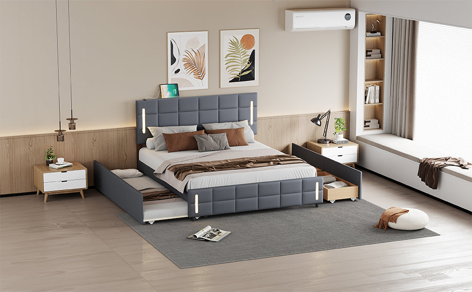 Queen Size Upholstered Platform Bed With Trundle And Drawers, Gray Queen Gray Upholstered