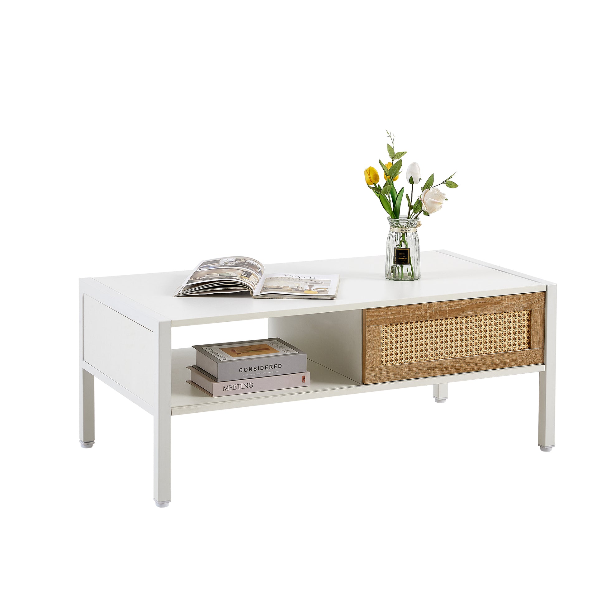 40.16" Rattan Coffee Table, Sliding Door For Storage, Metal Legs, Modern Table For Living Roomwhite White Mdf Metal