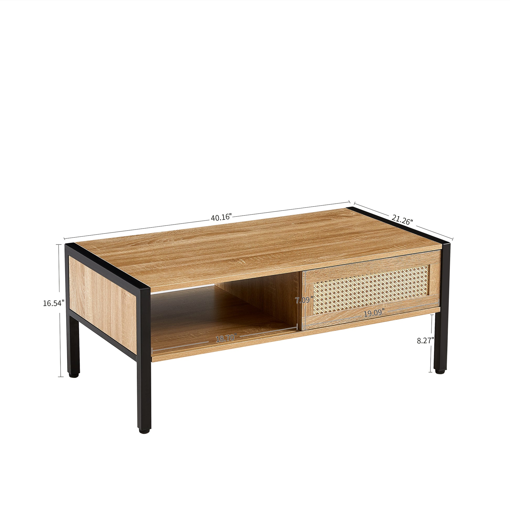 40.16" Rattan Coffee Table, Sliding Door For Storage, Metal Legs, Modern Table For Living Roomnatural Natural Mdf Metal