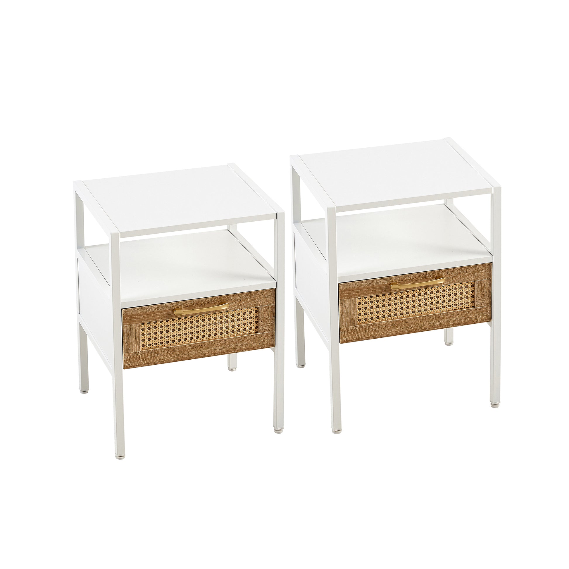 Set Of 2, 15.75" Rattan End Table With Drawer, Modern Nightstand, Metal Legs,Side Table For Living Room, Bedroom,White White Mdf Metal