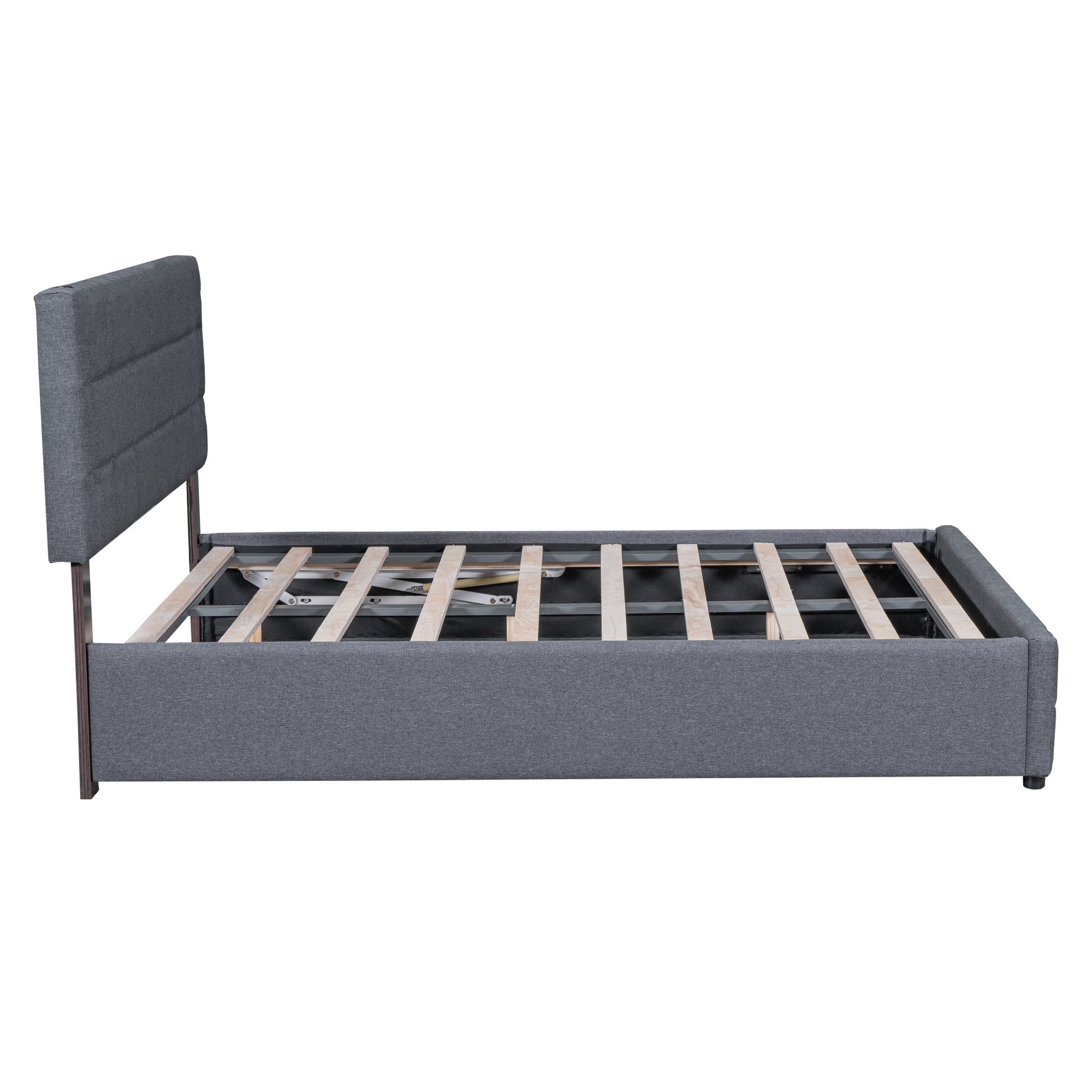 Full Size Upholstered Bed With Hydraulic Storage System And Led Light, Gray Full Gray Linen