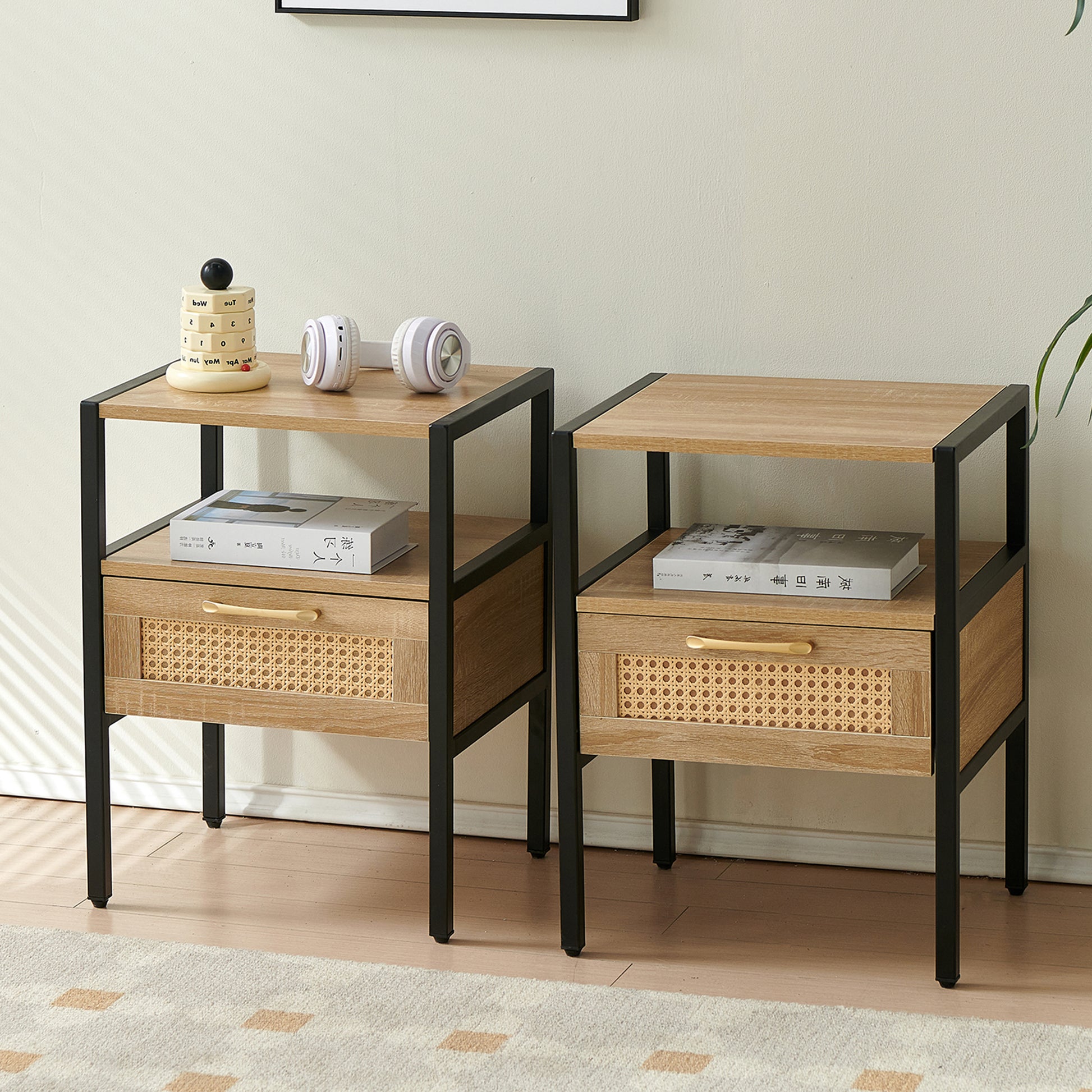 Set Of 2, 15.75" Rattan End Table With Drawer, Modern Nightstand, Metal Legs,Side Table For Living Room, Bedroom,Natural Natural Mdf Metal