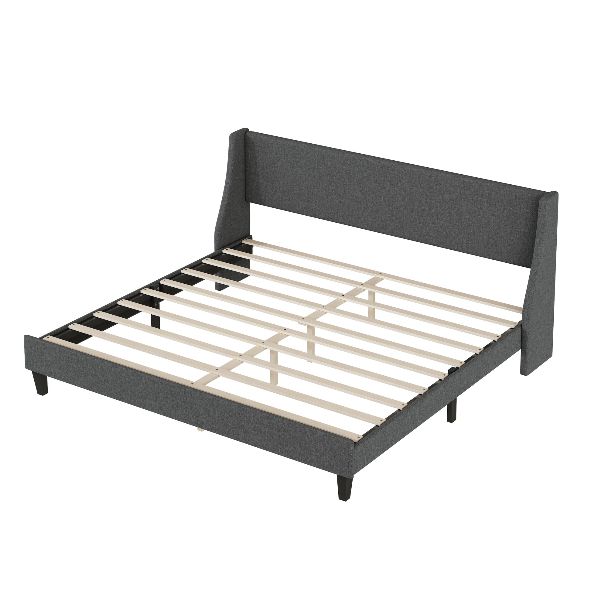 King Size Bed Frame Upholstered Bed Frame Platform ,Non Adjustable Headboard Linen Fabric Headboard Wooden Slats Support No Box Spring Needed Easy Assembly Mattress Foundation, Drak Gray King Dark Gray Metal & Wood