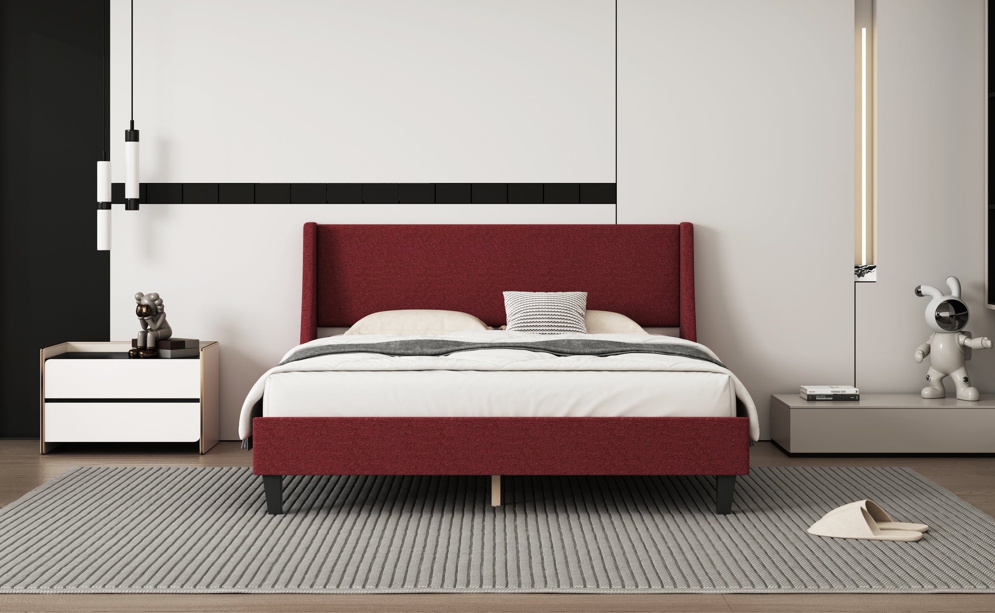 Queen Size Bedframe Upholstered Bed Frame Platform, Non Adjustable Headboard Linen Fabric Headboard Wooden Strip Support No Box Spring Easy Assembly Mattress Base, Orangequeen Queen Red Metal & Wood