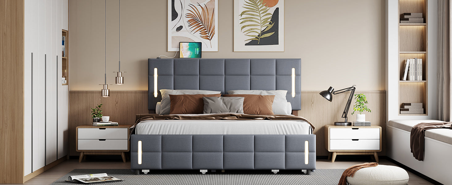 Queen Size Upholstered Platform Bed With Trundle And Drawers, Gray Queen Gray Upholstered