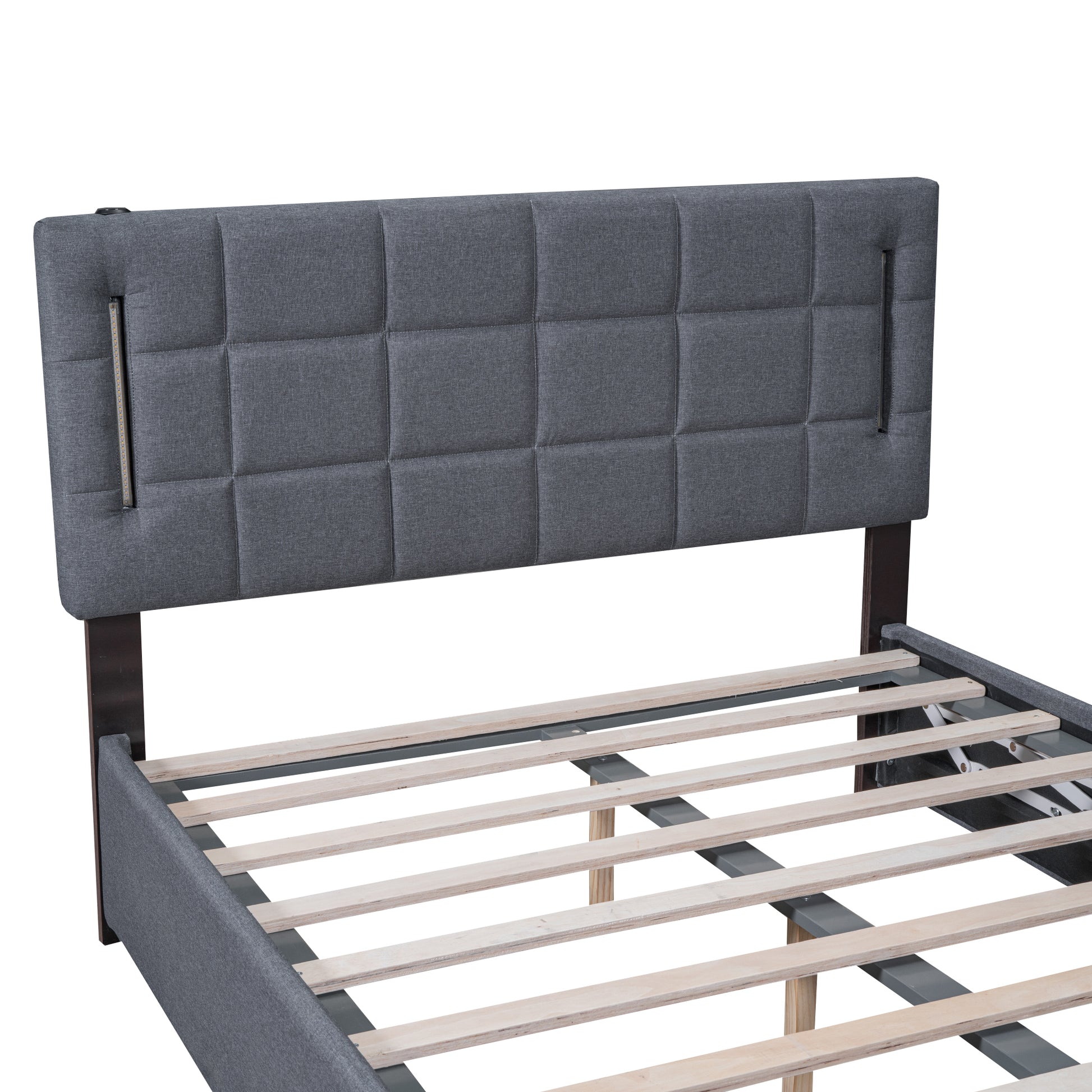 Queen Size Upholstered Bed With Hydraulic Storage System And Led Light, Gray Queen Gray Linen