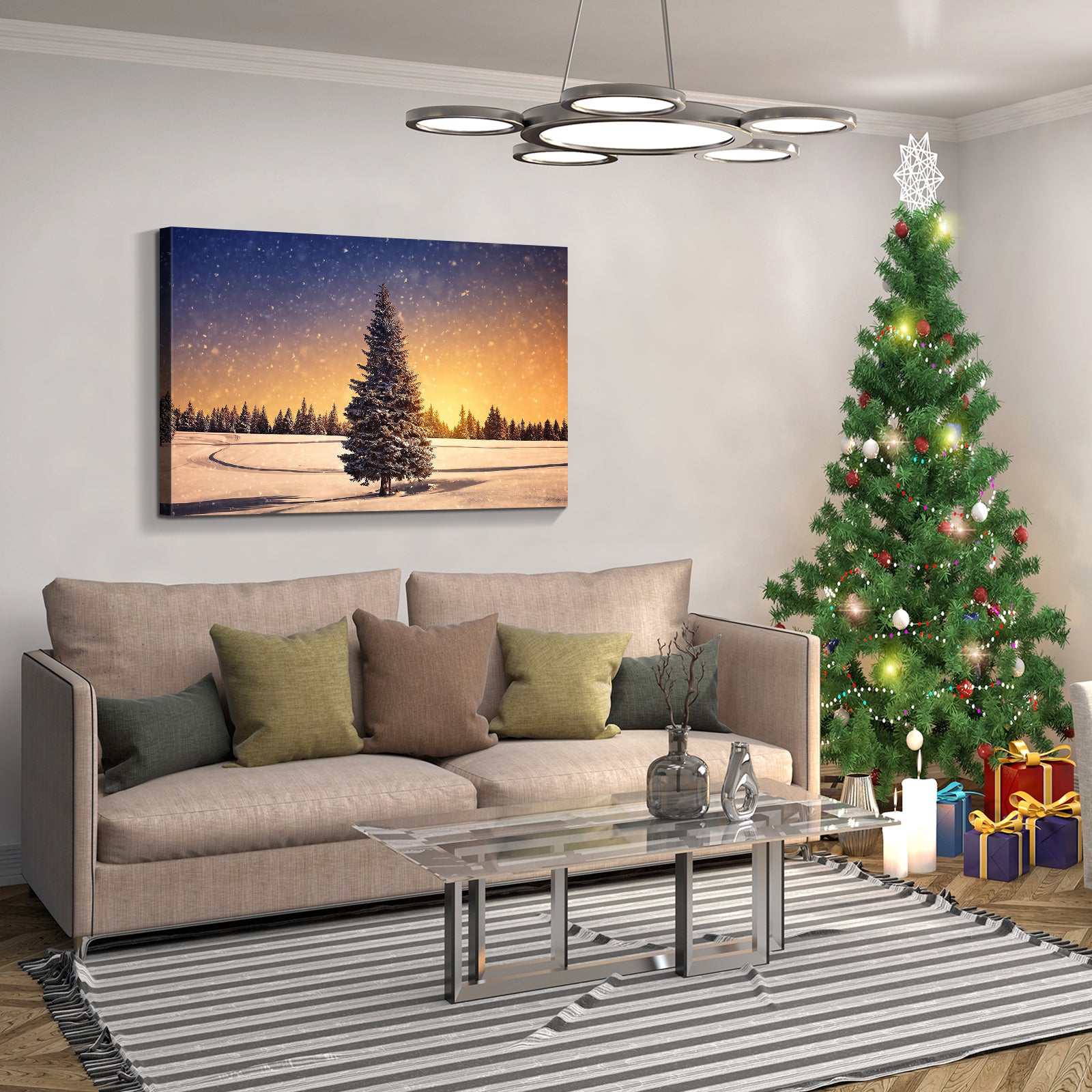 Framed Canvas Wall Art Decor Painting For Chrismas, Chrismas Tree In Dawn Chrismas Gift Painting For Chrismas Gift, Decoration For Chrismas Eve Living Room, Bedroom Decor 4028In Thickness 1.5Inch Rectangle Framed Multicolor Christmas Oversized 41In