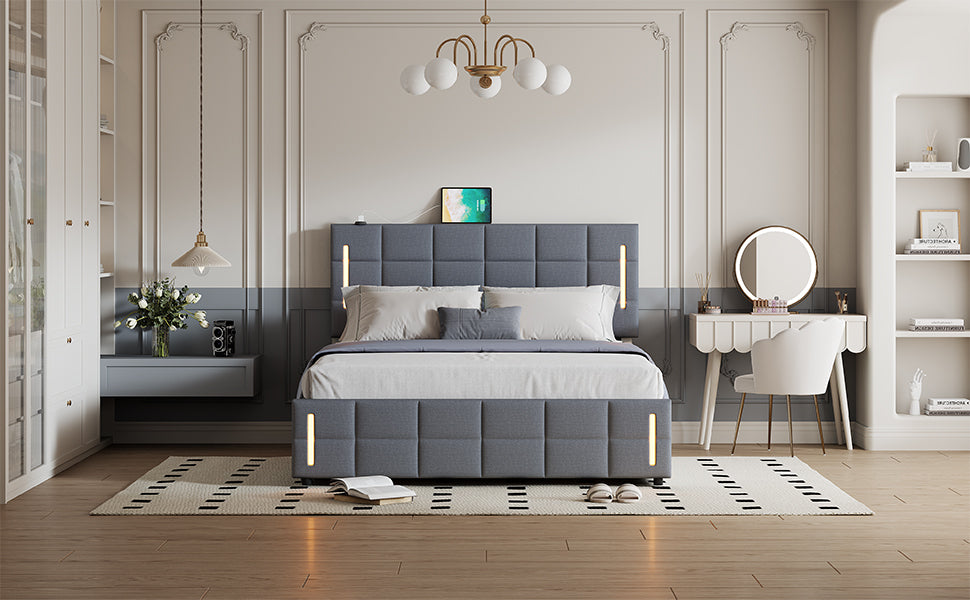 Queen Size Upholstered Bed With Hydraulic Storage System And Led Light, Gray Queen Gray Linen