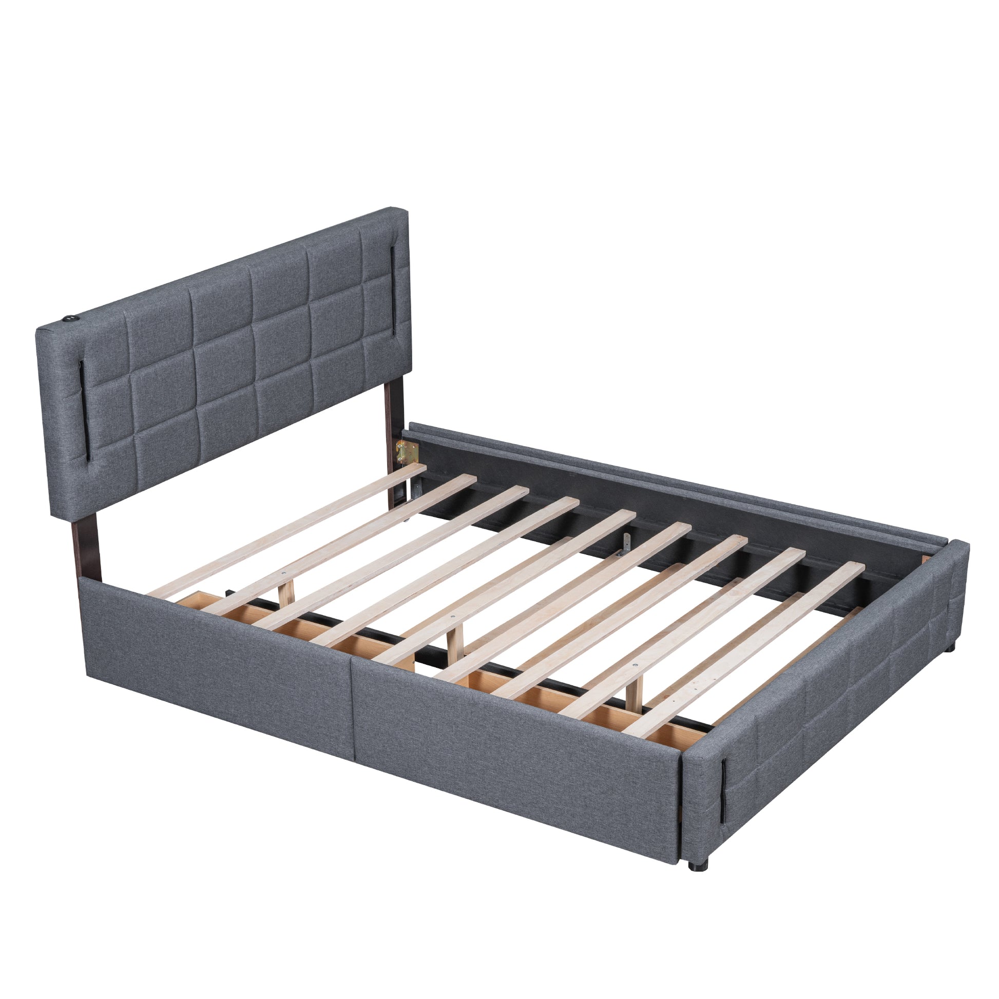 Queen Size Upholstered Platform Bed With Trundle And Drawers, Gray Queen Gray Upholstered