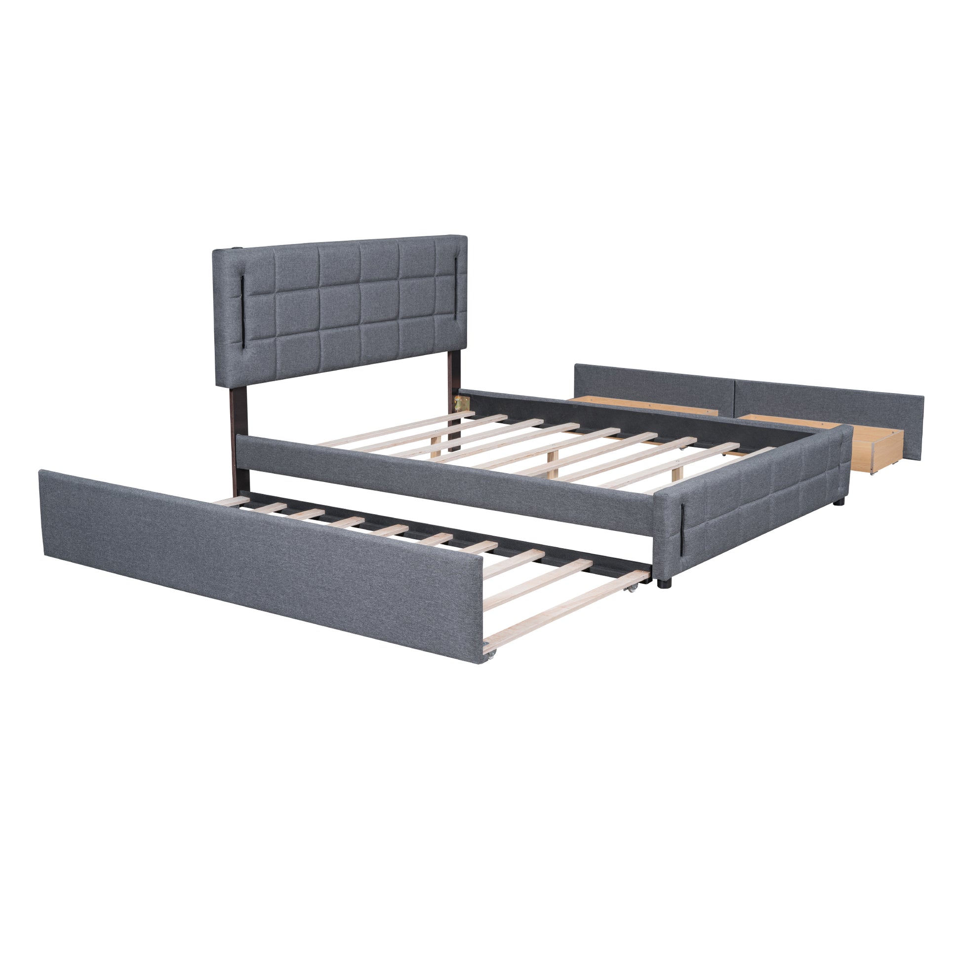 Queen Size Upholstered Platform Bed With Trundle And Drawers, Gray Queen Gray Upholstered