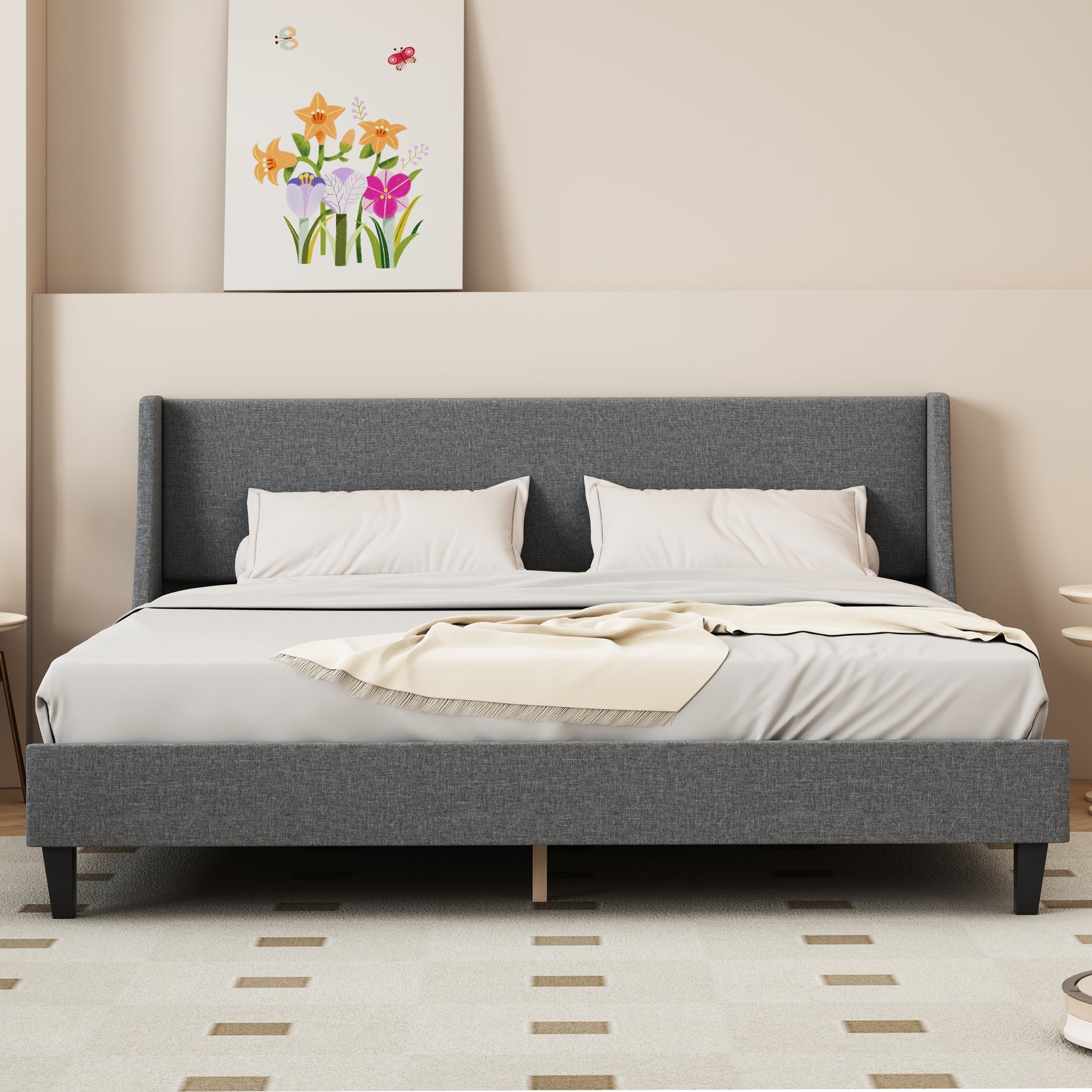 King Size Bed Frame Upholstered Bed Frame Platform ,Non Adjustable Headboard Linen Fabric Headboard Wooden Slats Support No Box Spring Needed Easy Assembly Mattress Foundation, Light Gray King Light Gray Metal & Wood