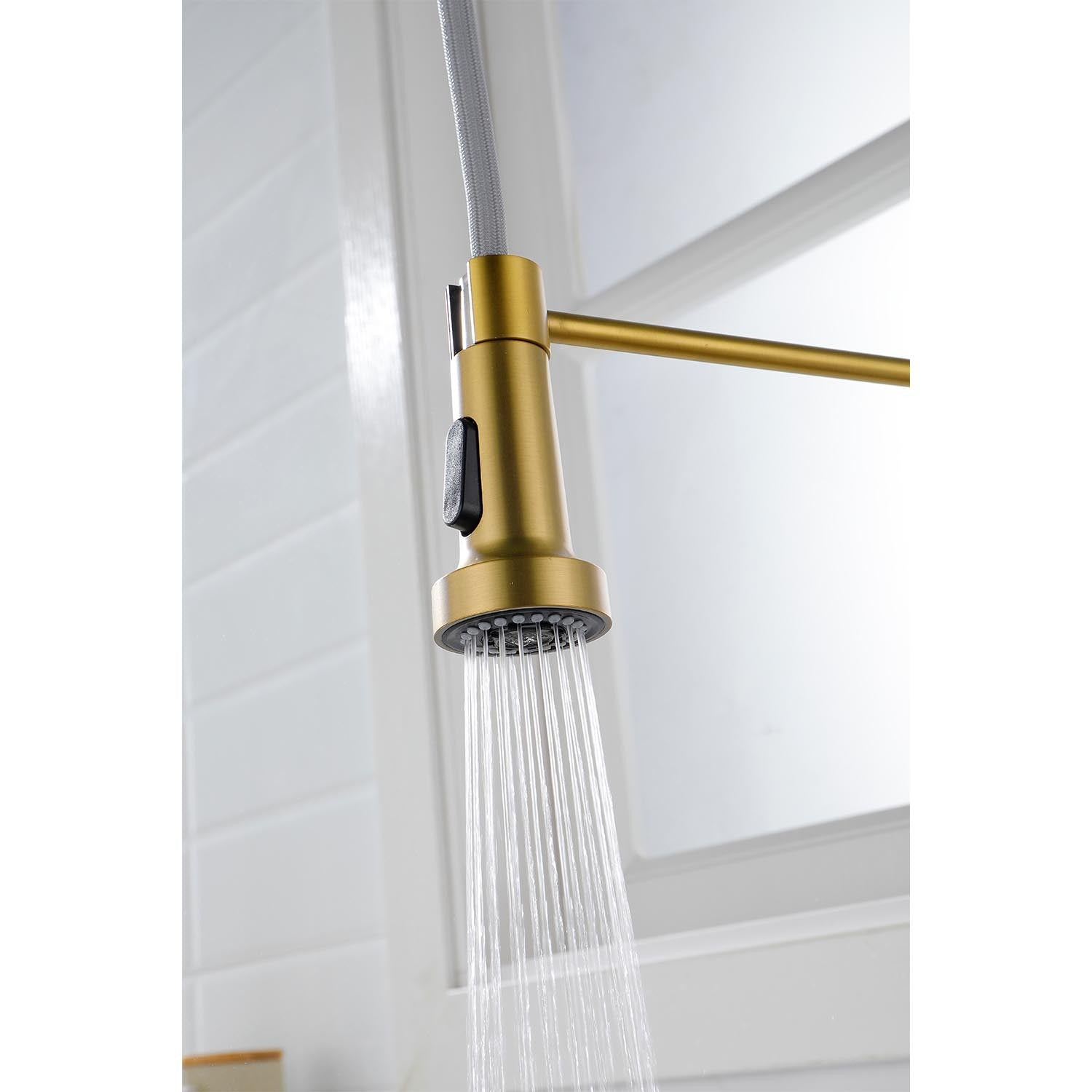 Pull Down Single Handle Spring Kitchen Faucet Brushed Gold Stainless Steel