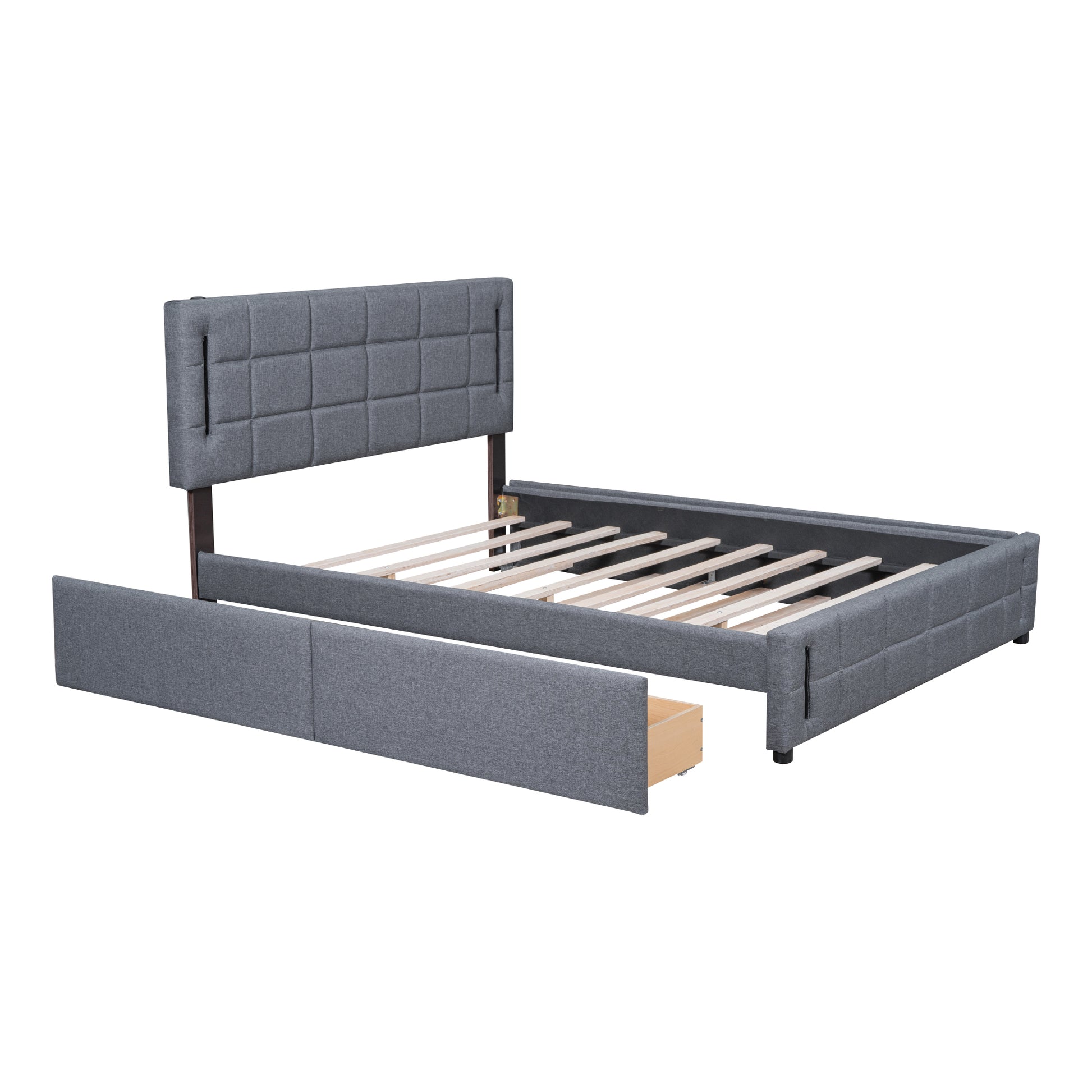 Queen Size Upholstered Platform Bed With Trundle And Drawers, Gray Queen Gray Upholstered