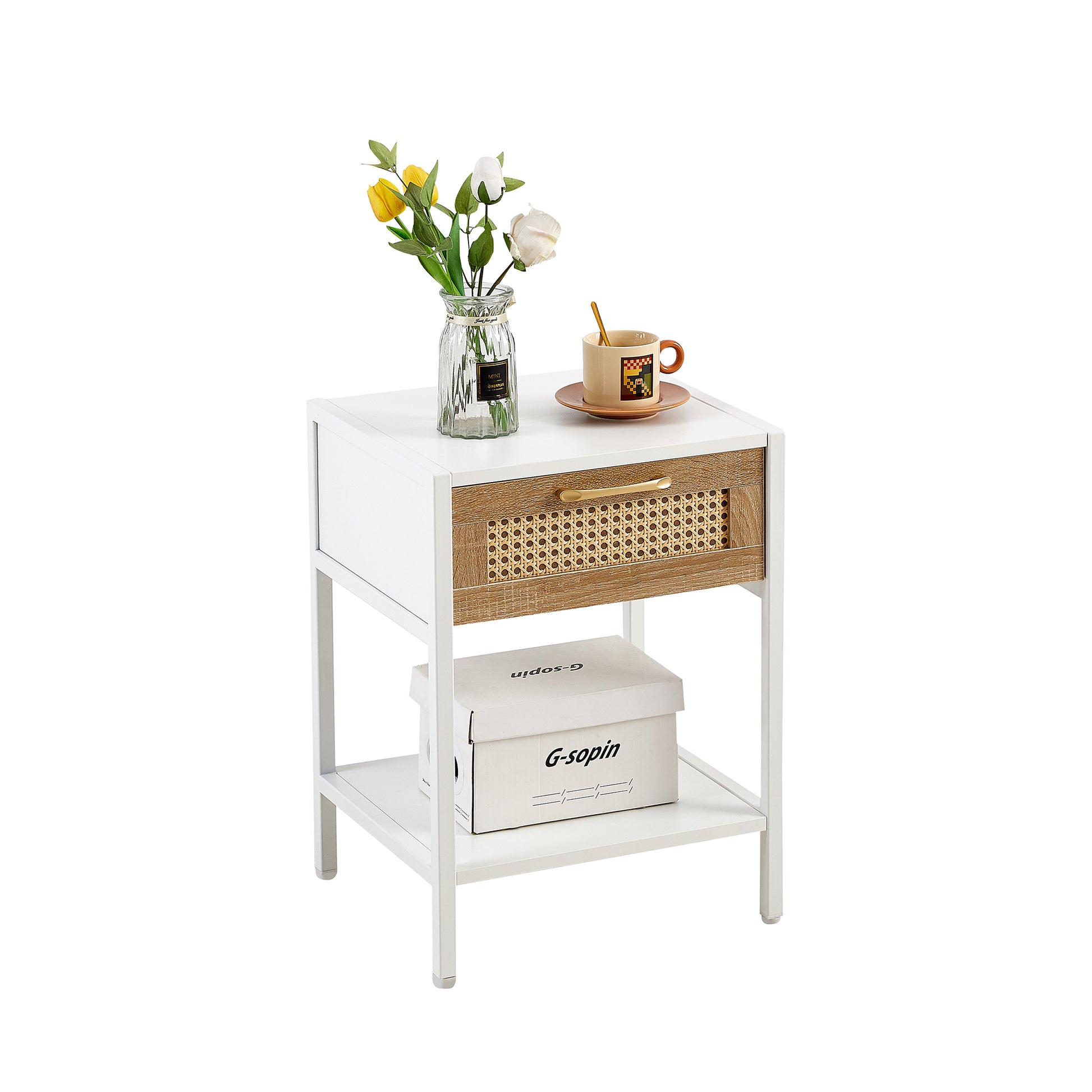 15.74" Rattan End Table With Drawer, Modern Nightstand, Metal Legs,Side Table For Living Room, Bedroom,White 1 Pc White Mdf Metal