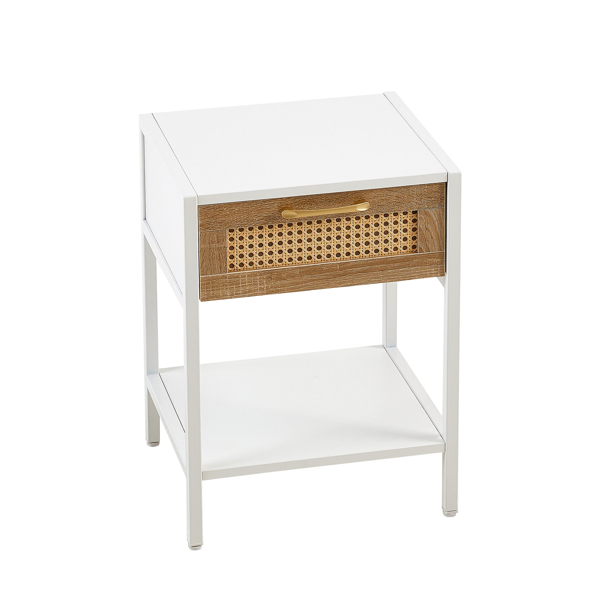 15.74" Rattan End Table With Drawer, Modern Nightstand, Metal Legs,Side Table For Living Room, Bedroom,White 1 Pc White Mdf Metal