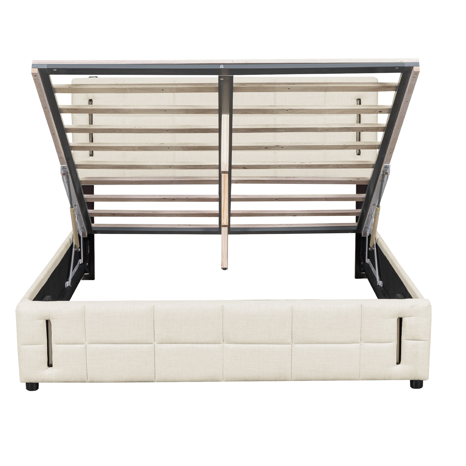 Queen Size Upholstered Bed With Hydraulic Storage System And Led Light, Beige Queen Beige Linen