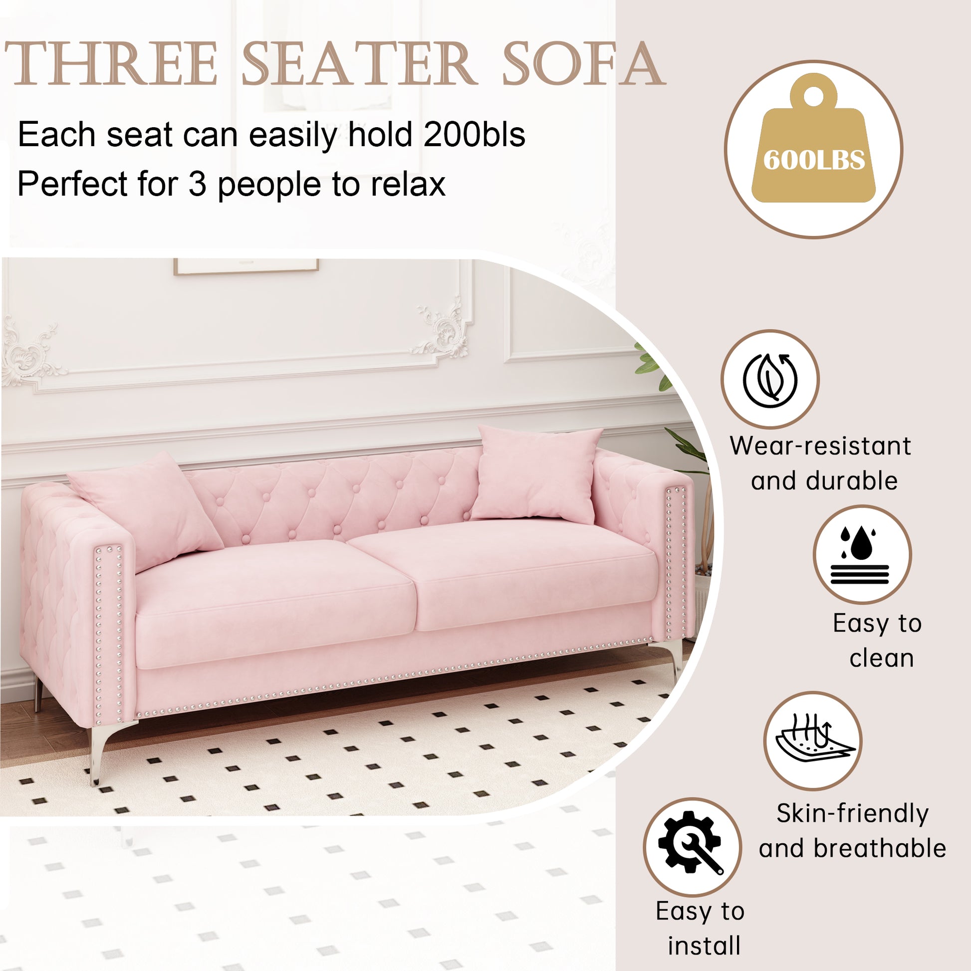 Sofa Includes 2 Pillows, 83 "Pink Velvet Triple Sofa, Suitable For Large And Small Spaces Pink Velvet