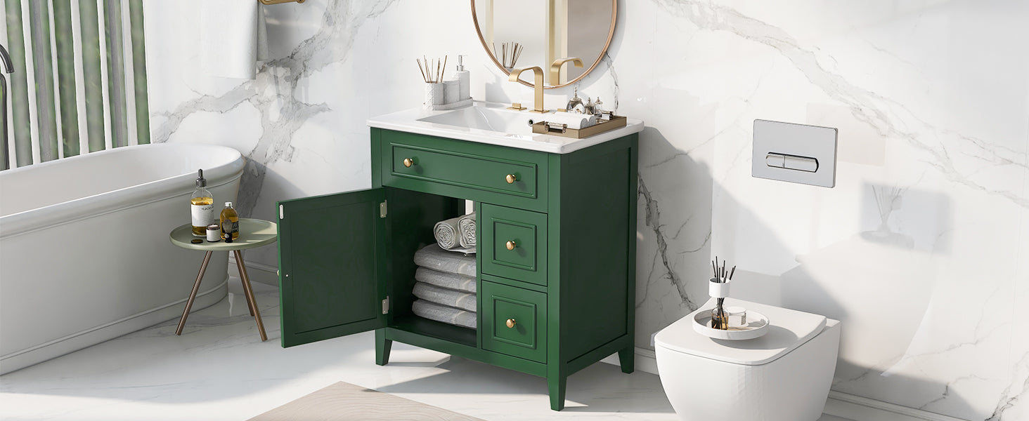 30" Bathroom Vanity With Sink Top, Bathroom Vanity Cabinet With Door And Two Drawers, Solid Wood Frame, One Package, Green Old Sku:Wf311620Aag Green Solid Wood Mdf