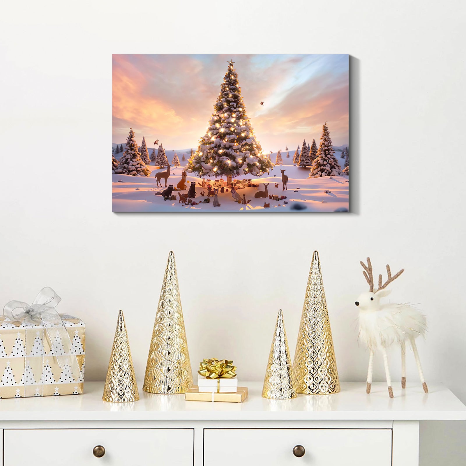 Framed Canvas Wall Art Decor Painting For Chrismas, Lighted Pine Tree At Night Chrismas Gift Painting For Chrismas Gift, Decoration For Chrismas Eve Office Living Room, Bedroom Decor Ready To Han Rectangle Framed Multicolor Christmas Oversized 41In