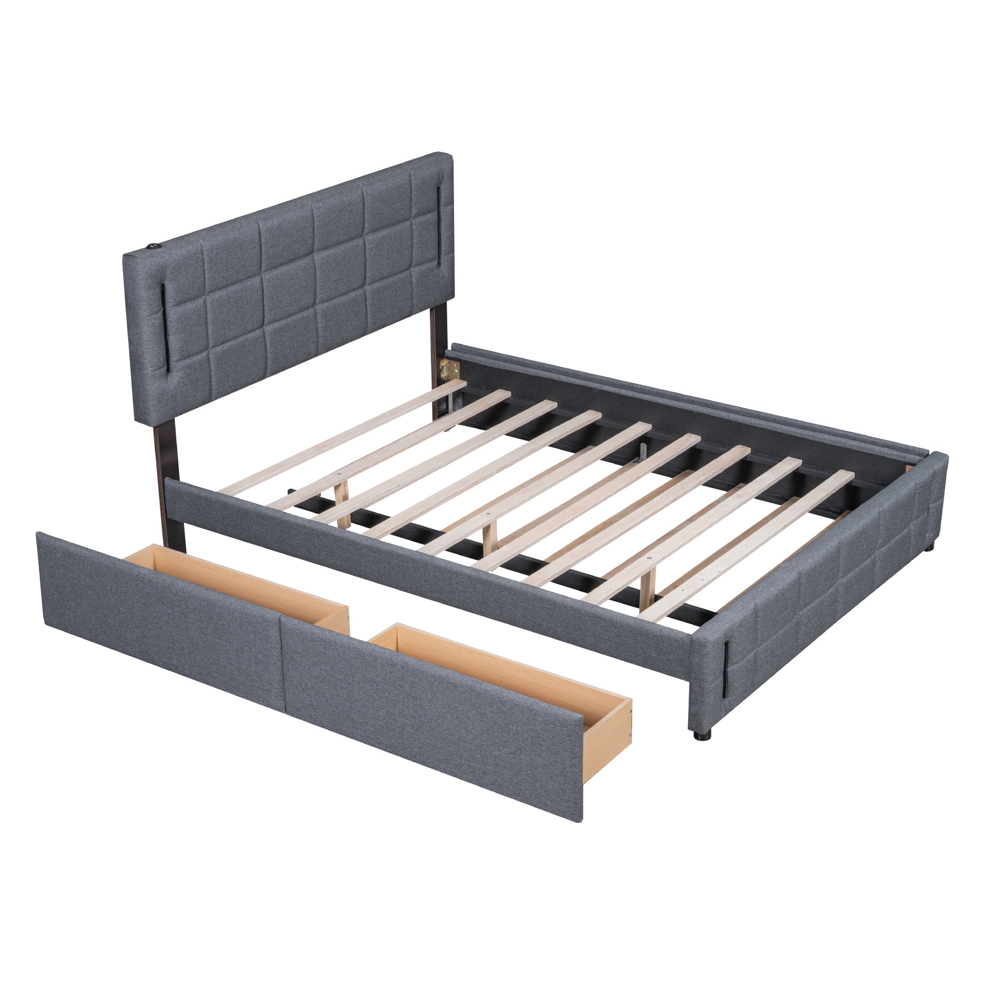Queen Size Upholstered Platform Bed With Trundle And Drawers, Gray Queen Gray Upholstered
