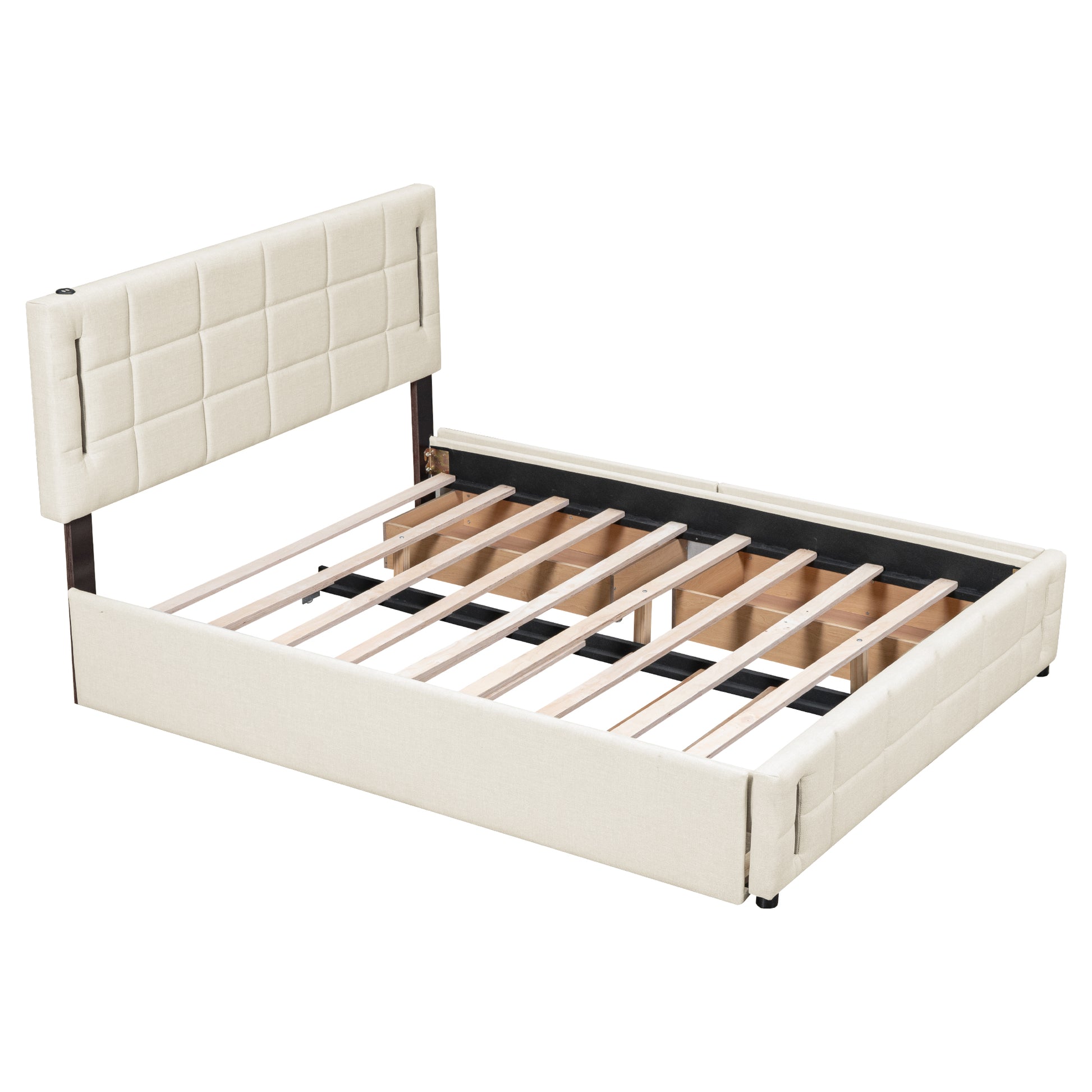 Queen Size Upholstered Platform Bed With Trundle And Drawers, Beige Queen Beige Upholstered