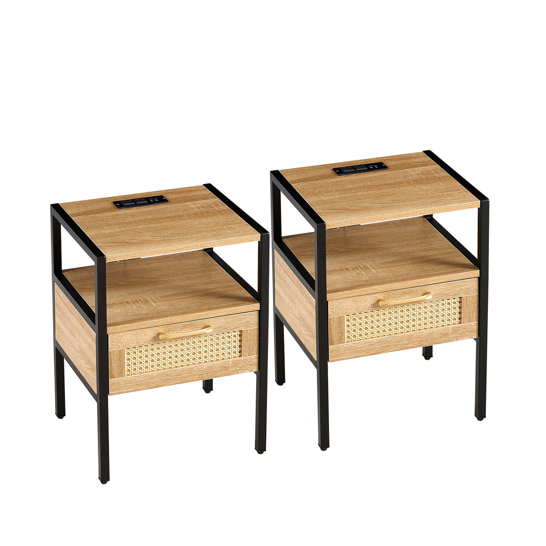 Set Of 2, 15.75" Rattan End Table With Power Outlet & Usb Portsmodern Nightstand With Drawer And Metal Legs, Side Table For Living Room, Bedroom,Natural Natural Mdf Metal