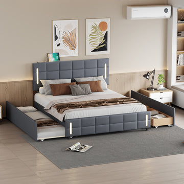 Queen Size Upholstered Platform Bed With Trundle And Drawers, Gray Queen Gray Upholstered