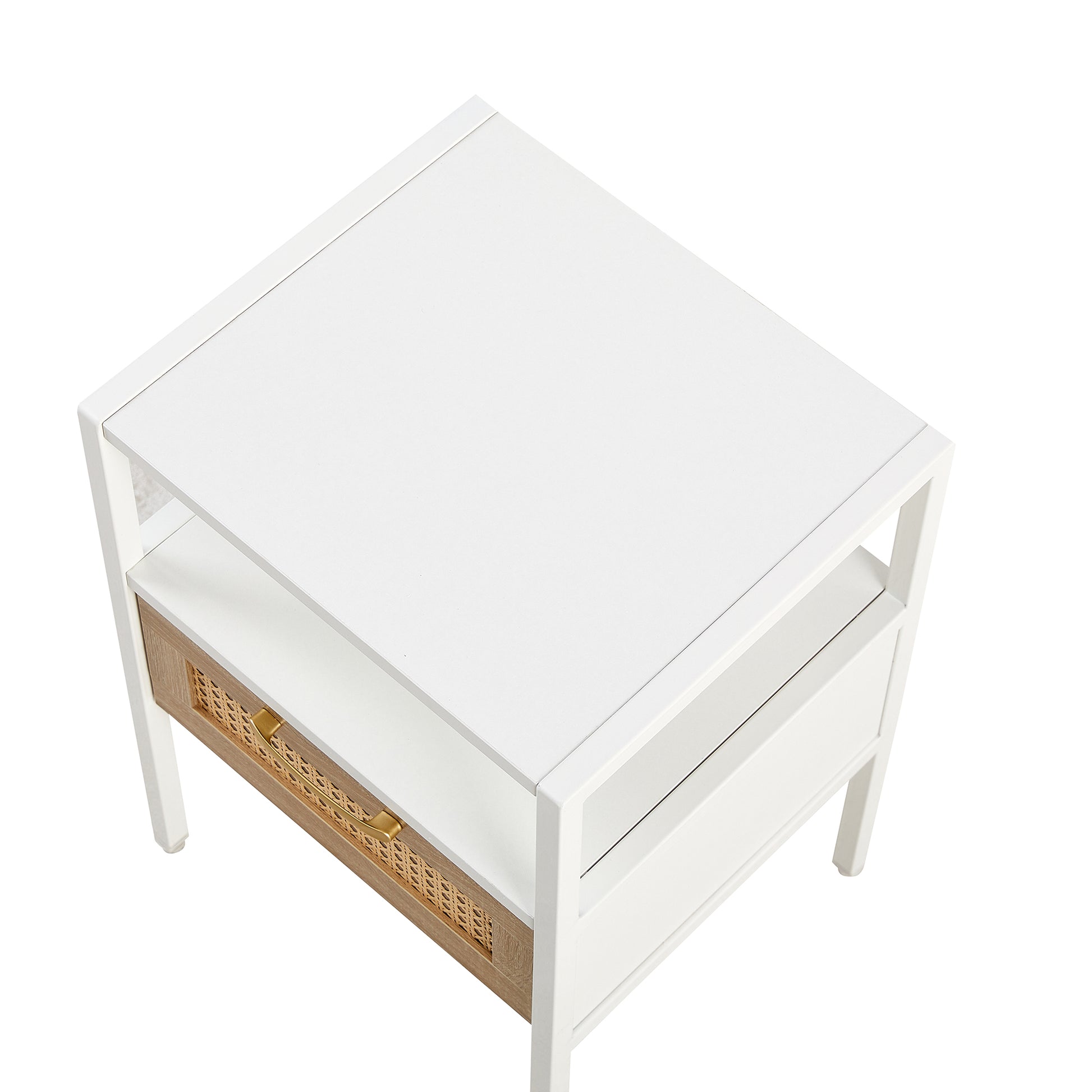 15.75" Rattan End Table With Drawer, Modern Nightstand, Metal Legs,Side Table For Living Room, Bedroom,White 1 Pc White Mdf Metal