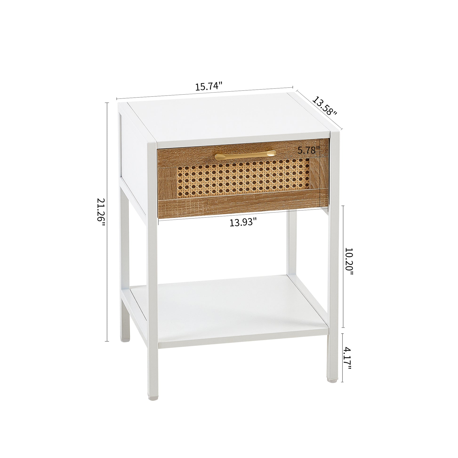 15.74" Rattan End Table With Drawer, Modern Nightstand, Metal Legs,Side Table For Living Room, Bedroom,White 1 Pc White Mdf Metal