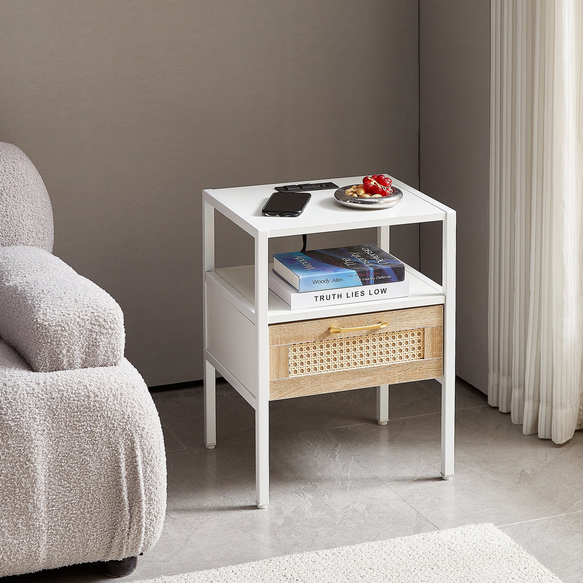 Set Of 2, 15.75" Rattan End Table With Power Outlet & Usb Portsmodern Nightstand With Drawer And Metal Legs, Side Table For Living Room, Bedroom,White White Mdf Metal