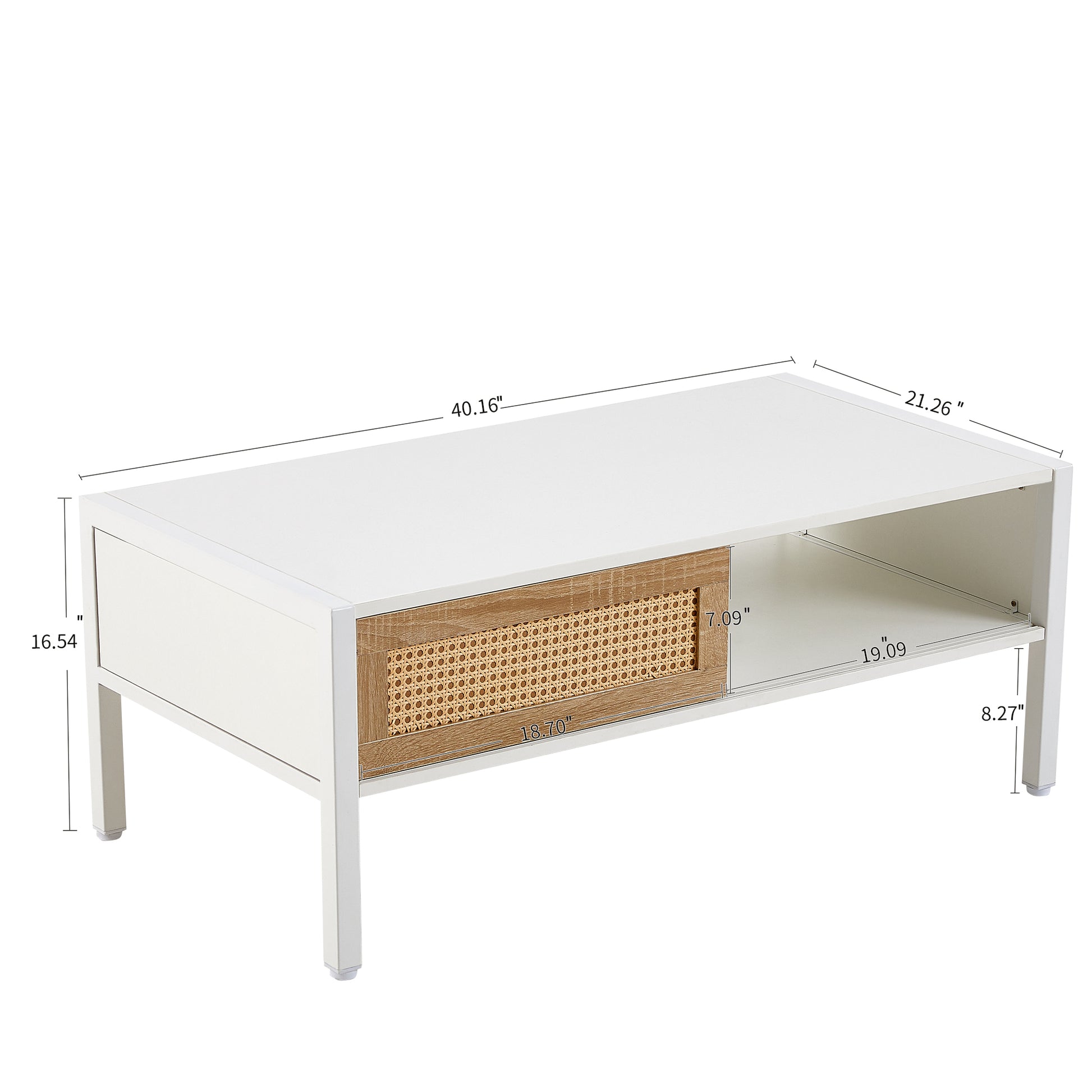 40.16" Rattan Coffee Table, Sliding Door For Storage, Metal Legs, Modern Table For Living Roomwhite White Mdf Metal