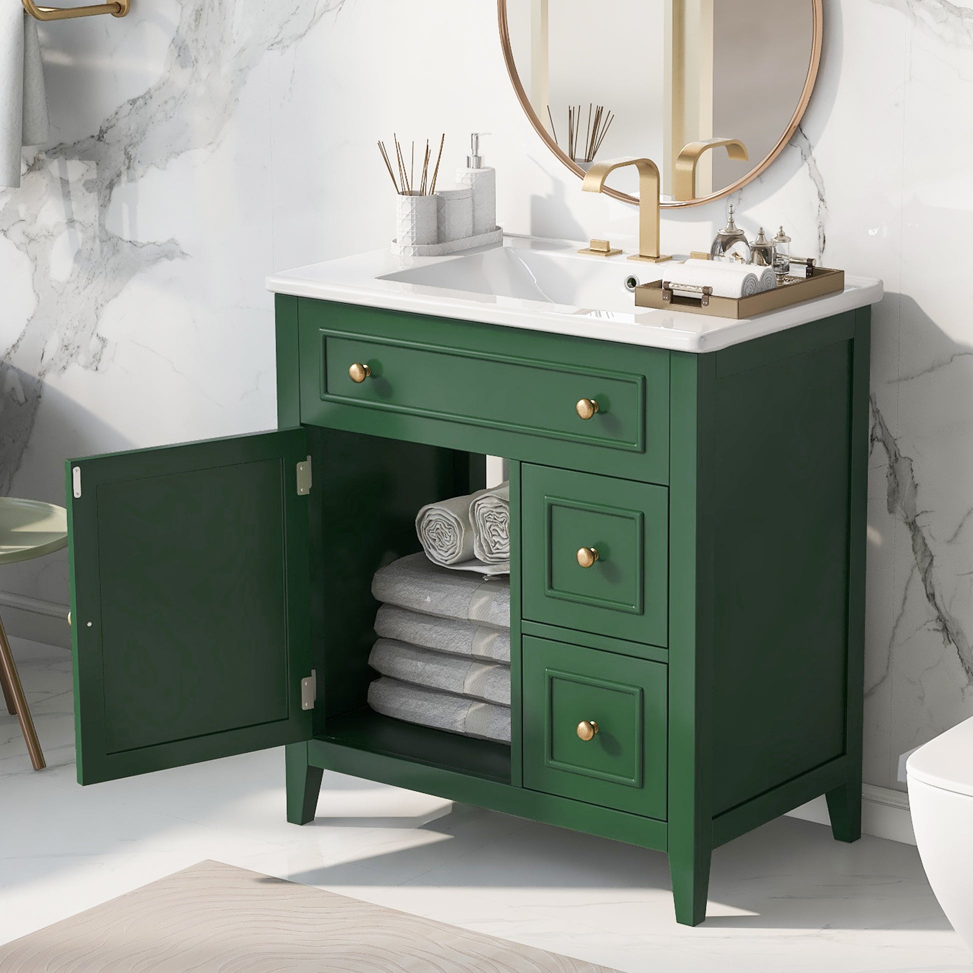 30" Bathroom Vanity With Sink Top, Bathroom Vanity Cabinet With Door And Two Drawers, Solid Wood Frame, One Package, Green Old Sku:Wf311620Aag Green Solid Wood Mdf