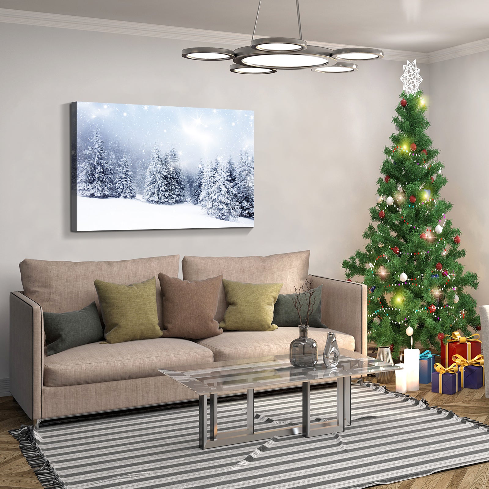Framed Canvas Wall Art Decor Painting For Chrismas, Winter Pine Forest Chrismas Gift Painting For Chrismas Gift, Decoration For Chrismas Eve Living Room, Bedroom Decor 1812In Thickness 1.5Inch Rectangle Framed Multicolor Christmas Oversized 41In Canvas