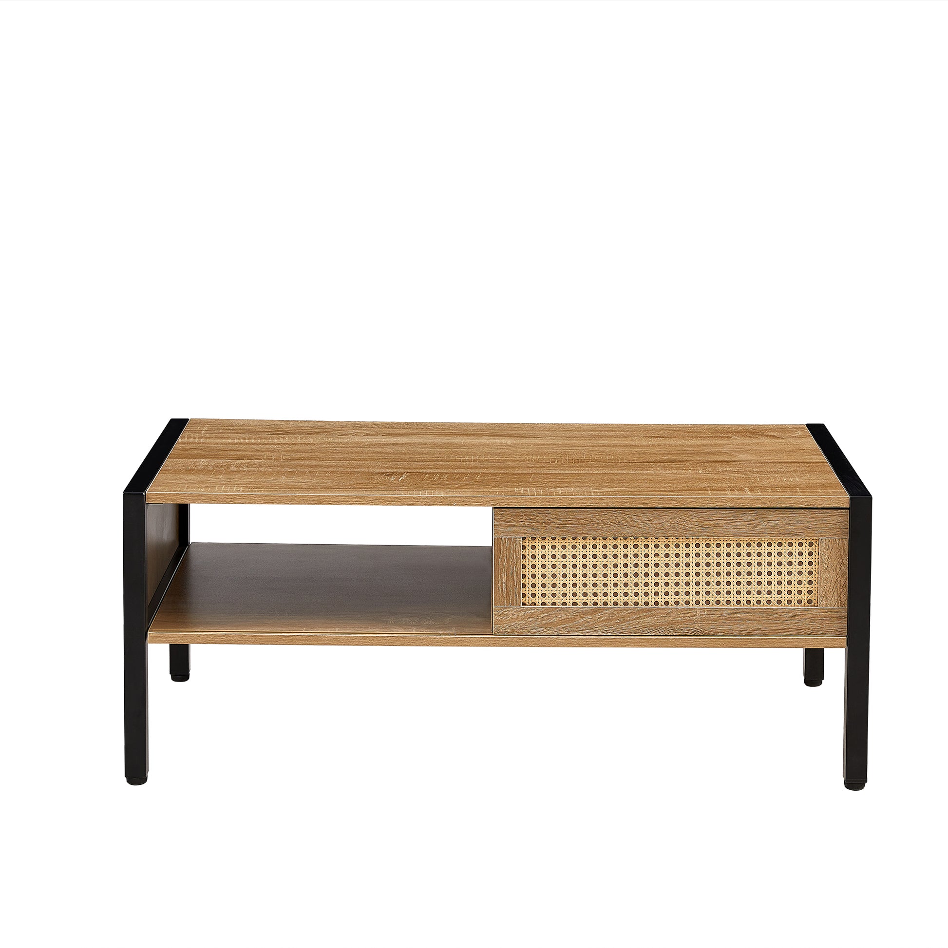 40.16" Rattan Coffee Table, Sliding Door For Storage, Metal Legs, Modern Table For Living Roomnatural Natural Mdf Metal