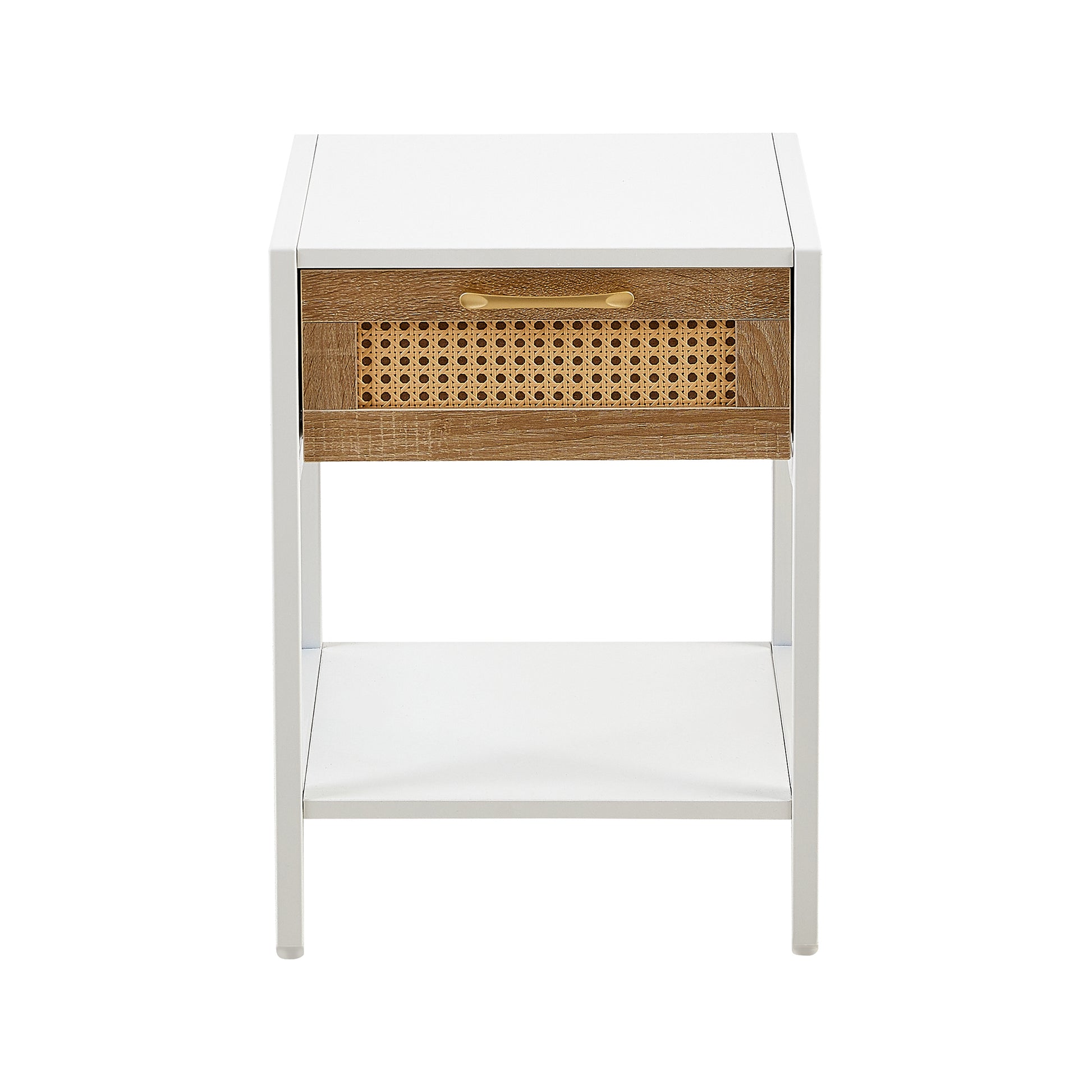 Set Of 2, 15.74" Rattan End Table With Drawer, Modern Nightstand, Metal Legs,Side Table For Living Room, Bedroom,White White Mdf Metal