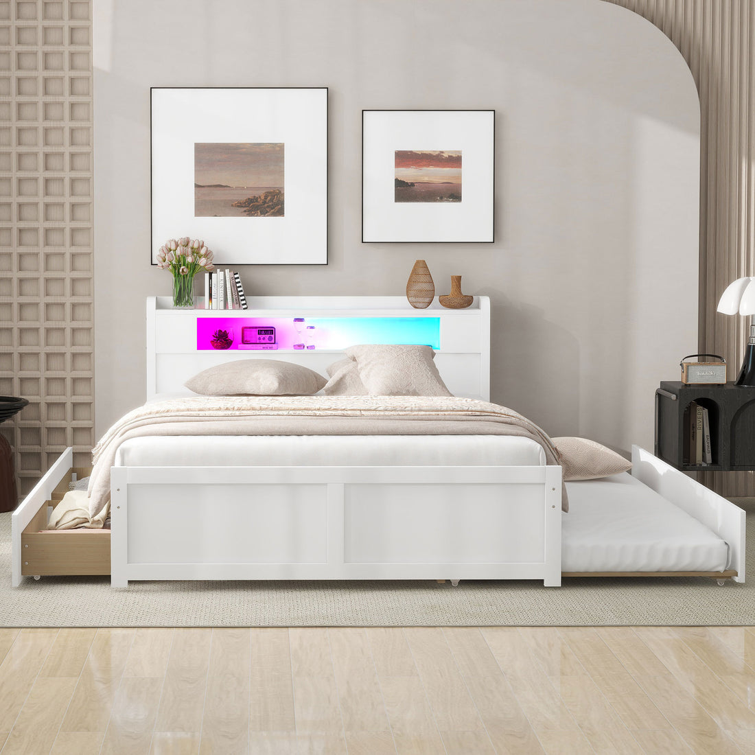 Queen Size Wood Storage Platform Bed With Led, 2 Drawers And 1 Twin Size Trundle, White Box Spring Not Required Queen White Wood Bedroom Bed Frame Solid Wood Mdf