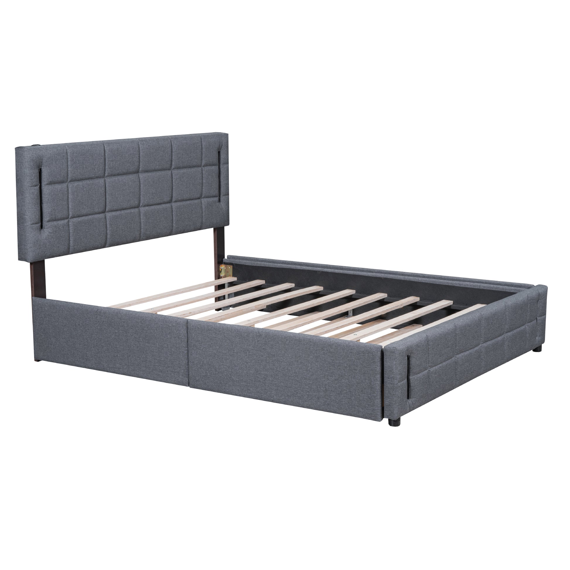 Queen Size Upholstered Platform Bed With Trundle And Drawers, Gray Queen Gray Upholstered
